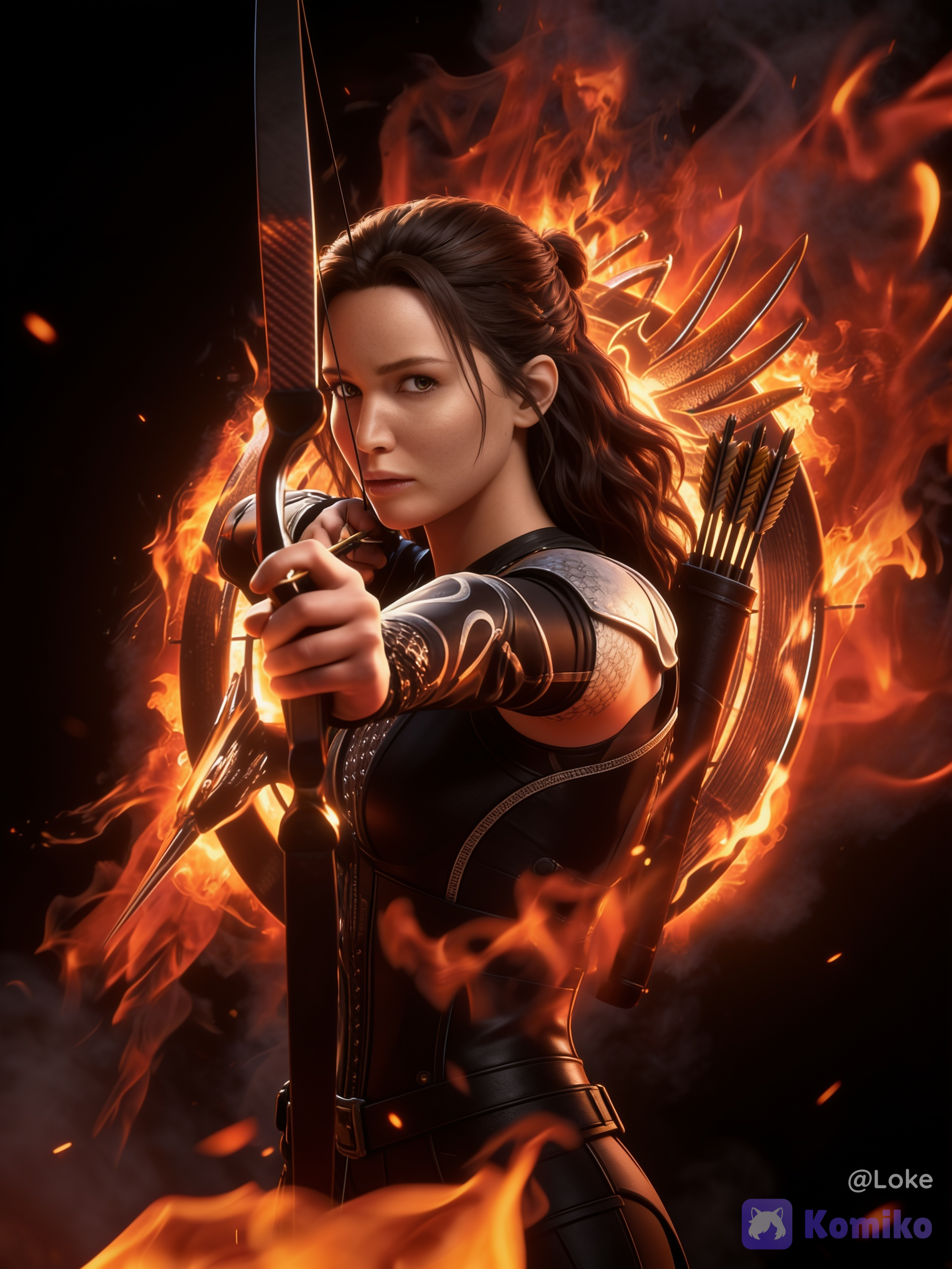 1girl, solo, female archer, long dark brown hair, wavy hair, half-up hairstyle, determined expression, serious face, looking at viewer, aiming at viewer, drawing bow, recurve bow, arrow nocked, extended arm, combat stance, upper body, black tactical armor, leather armor, armored bracers, fitted combat suit, shoulder guard, finger tab, quiver, feathered arrows, heroic pose, fearless, action scene, flames, fire, burning embers, smoke, inferno, fiery aura, blazing background, orange glow, red glow, black background, mockingjay-inspired emblem, circular emblem behind character, wings motif, dramatic composition, cinematic angle, intense atmosphere, dynamic perspective, high contrast, rim lighting, cinematic lighting, volumetric lighting, glowing embers, soft smoke, realistic fire, weapon, armor, realistic skin texture, realistic eyes, realistic hair strands, ultra face, absurdres, ultra extremely anime realism, semi-realistic, professional artwork, premium visual quality, epic fantasy, dystopian aesthetic, movie poster composition