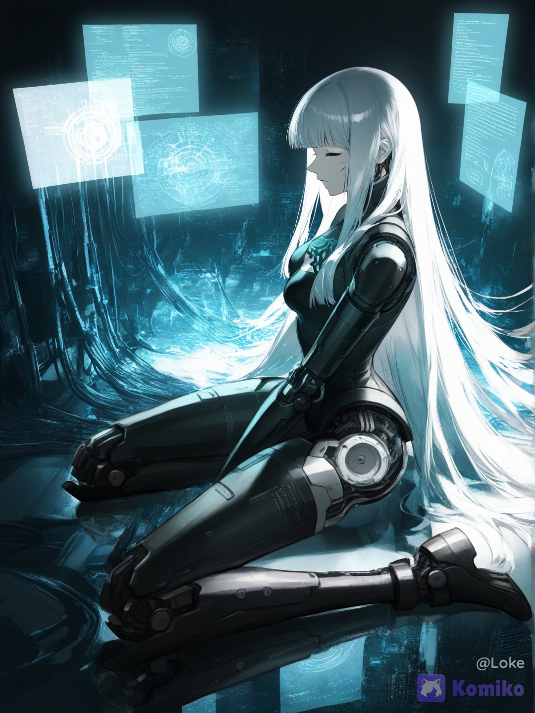 @genesis-apex-gvkZ, solo, android, gynoid, robot girl, cyborg, female robot, artificial intelligence, humanoid robot, white hair, very long hair, straight hair, blunt bangs, pale skin, closed eyes, expressionless, melancholic, doll-like, beautiful face, mechanical body, robotic limbs, prosthetic body, mechanical joints, exposed machinery, wires, cables, tubes, biomechanical, cybernetic implants, exoskeleton, machine parts, machinery, intricate details, kneeling, crouching, touching water, reflection, side profile, downward gaze, glowing circuits, neon lights, holographic interface, blue glow, cyan lighting, magenta accents, laboratory, server room, futuristic interior, dark background, sci-fi environment, cyberpunk, biopunk, transhumanism, post-human, dystopian future, ghost in the shell aesthetic, hard sci-fi, techno-organic, mecha musume, melancholic atmosphere, lonely, artificial life, existential, philosophical, dreamy sci-fi, ghost in the shell, blame!, nier automata, tsutomu nihei style, masamune shirow style, serial experiments lain, techno dystopia, post-singularity, artificial consciousness, digital soul, machine goddess, [moody-glow-style]