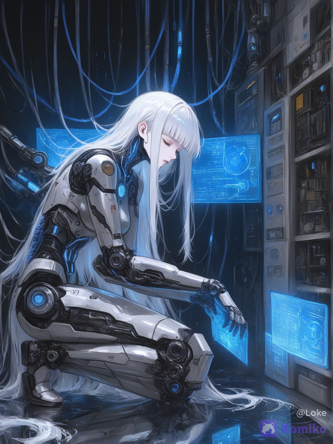 @genesis-apex-gvkZ, solo, android, gynoid, robot girl, cyborg, female robot, artificial intelligence, humanoid robot, white hair, very long hair, straight hair, blunt bangs, pale skin, closed eyes, expressionless, melancholic, doll-like, beautiful face, mechanical body, robotic limbs, prosthetic body, mechanical joints, exposed machinery, wires, cables, tubes, biomechanical, cybernetic implants, exoskeleton, machine parts, machinery, intricate details, kneeling, crouching, touching water, reflection, side profile, downward gaze, glowing circuits, neon lights, holographic interface, blue glow, cyan lighting, magenta accents, laboratory, server room, futuristic interior, dark background, sci-fi environment, cyberpunk, biopunk, transhumanism, post-human, dystopian future, ghost in the shell aesthetic, hard sci-fi, techno-organic, mecha musume, melancholic atmosphere, lonely, artificial life, existential, philosophical, dreamy sci-fi, ghost in the shell, blame!, nier automata, tsutomu nihei style, masamune shirow style, serial experiments lain, techno dystopia, post-singularity, artificial consciousness, digital soul, machine goddess, [polished-illustration-style]