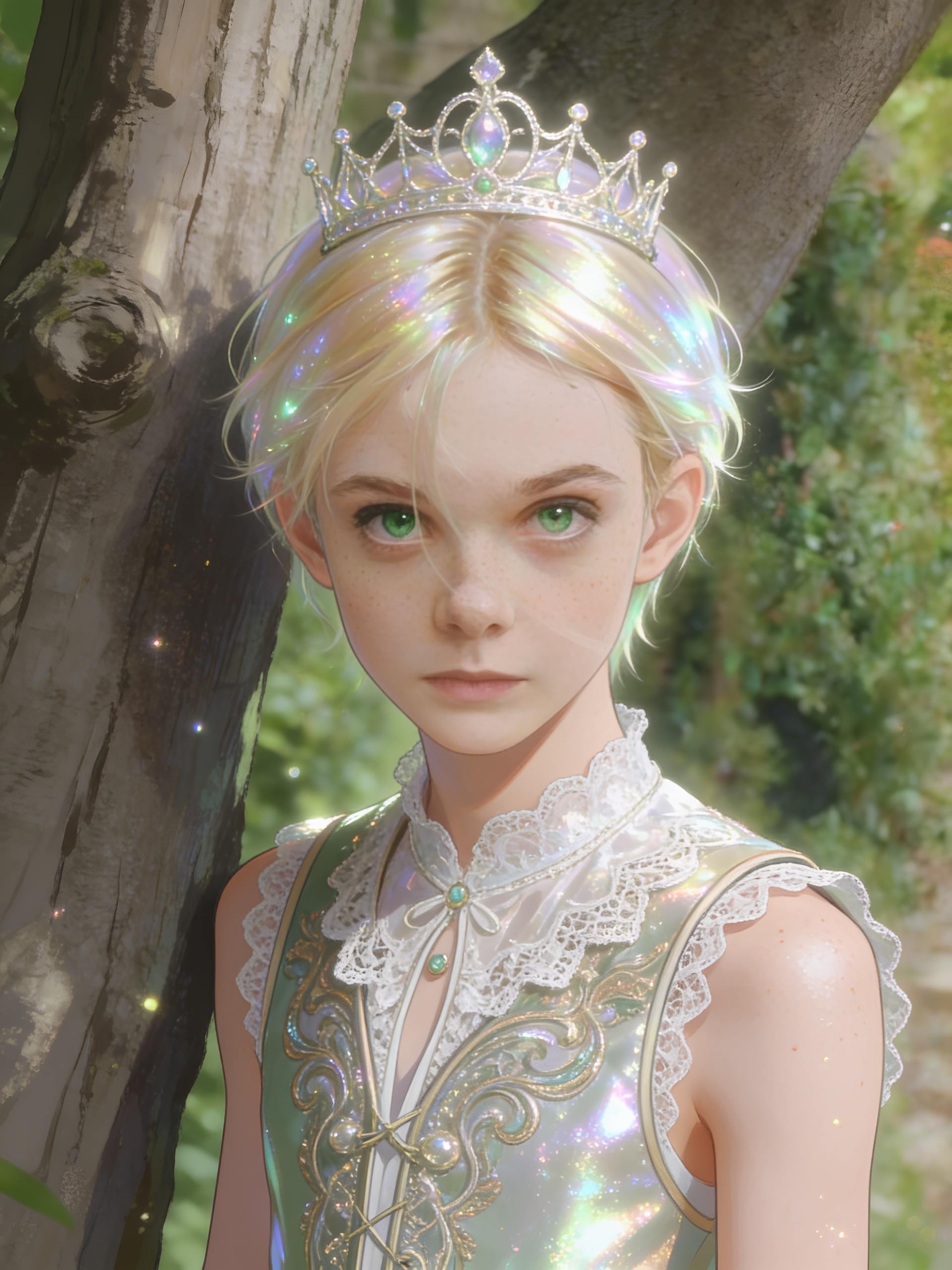 [iridescent-style], teenager, slim, green eyes, freckles, fair skin, vest, lace, crown