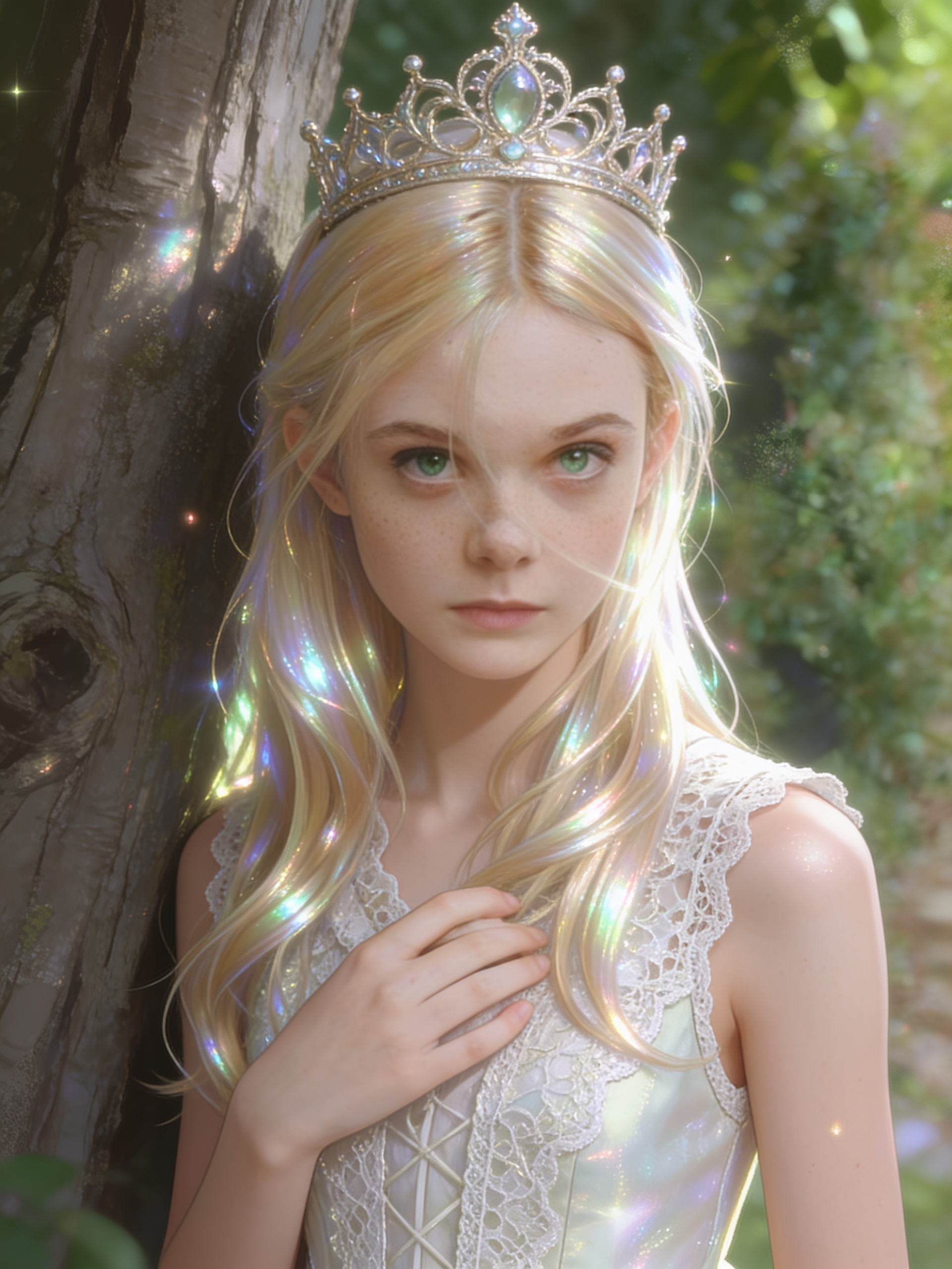 [iridescent-style], teenager, slim, green eyes, freckles, fair skin, vest, lace, crown