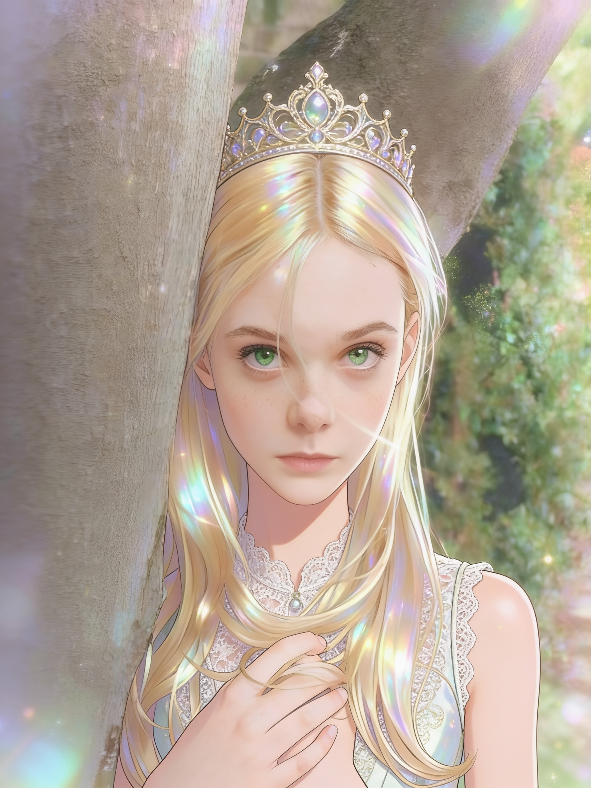 [iridescent-style], slim, green eyes, freckles, fair skin, vest, lace, crown
