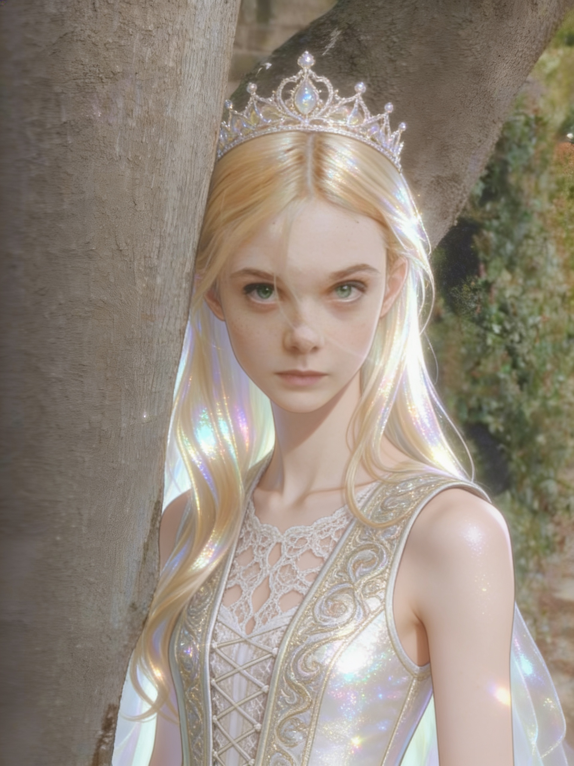 [iridescent-style], slim, green eyes, freckles, fair skin, vest, lace, crown