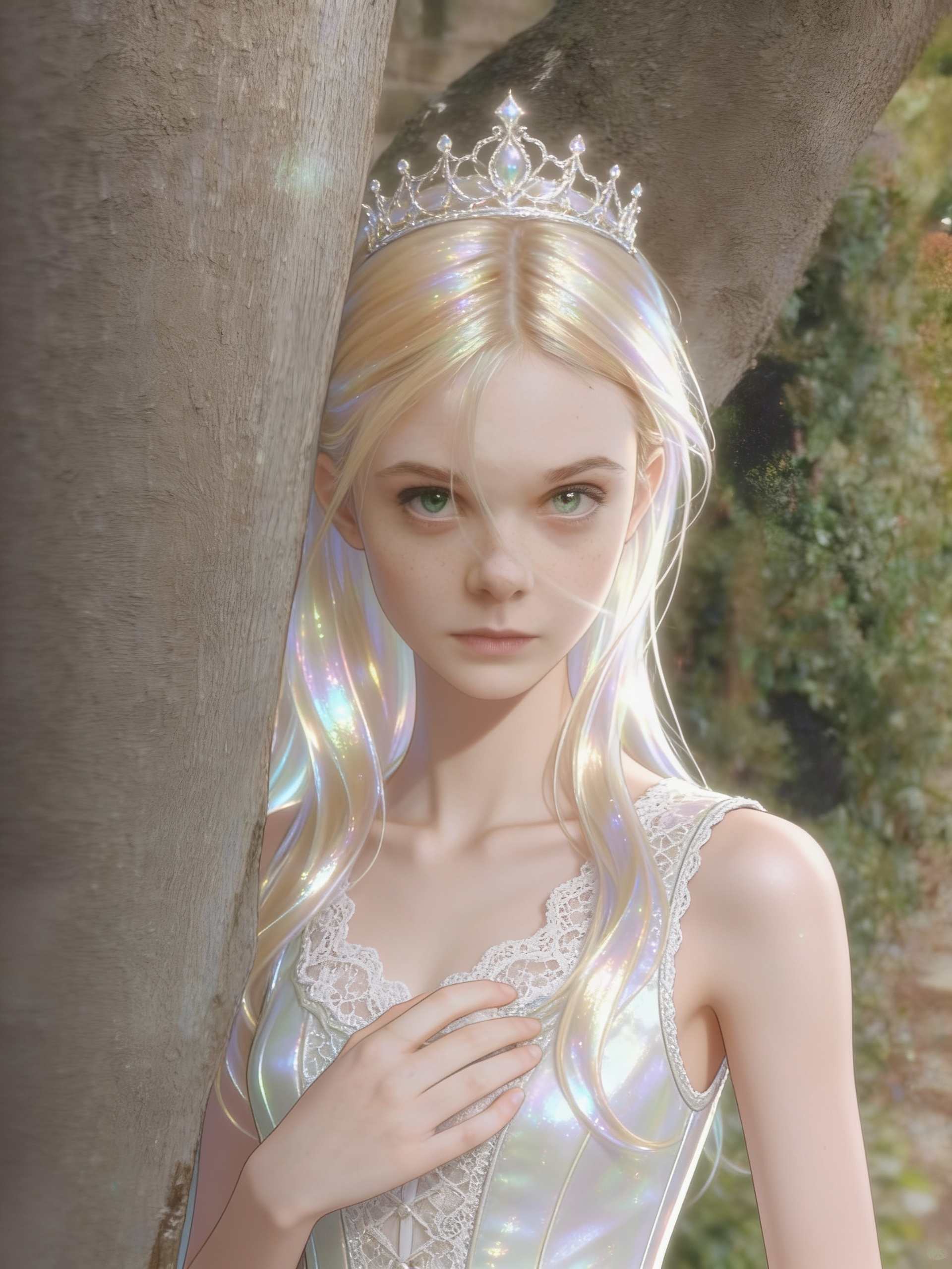[iridescent-style], slim, green eyes, freckles, fair skin, vest, lace, crown