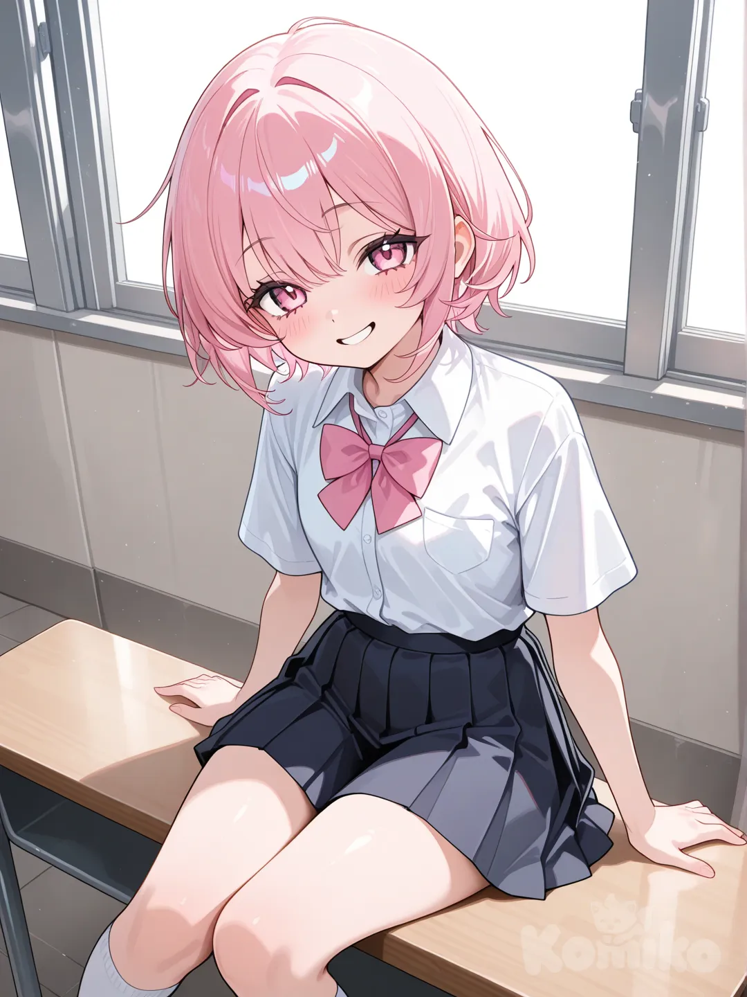 a girl,short hair,white socks,smile, pleated skirt, pink eyes.