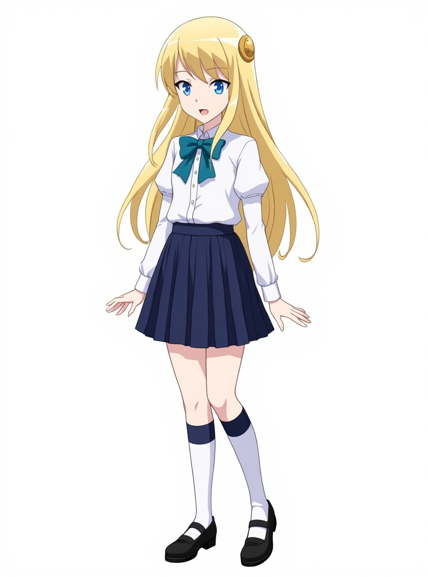 1girl, solo, teen, slim, blonde_hair, blue_eyes, fair_skin, long_sleeved_shirt, white_shirt, skirt, pleated_skirt, dark_skirt, knee_socks, dress_shoes, single character, full body, looking at viewer, anime style, simple background, white background