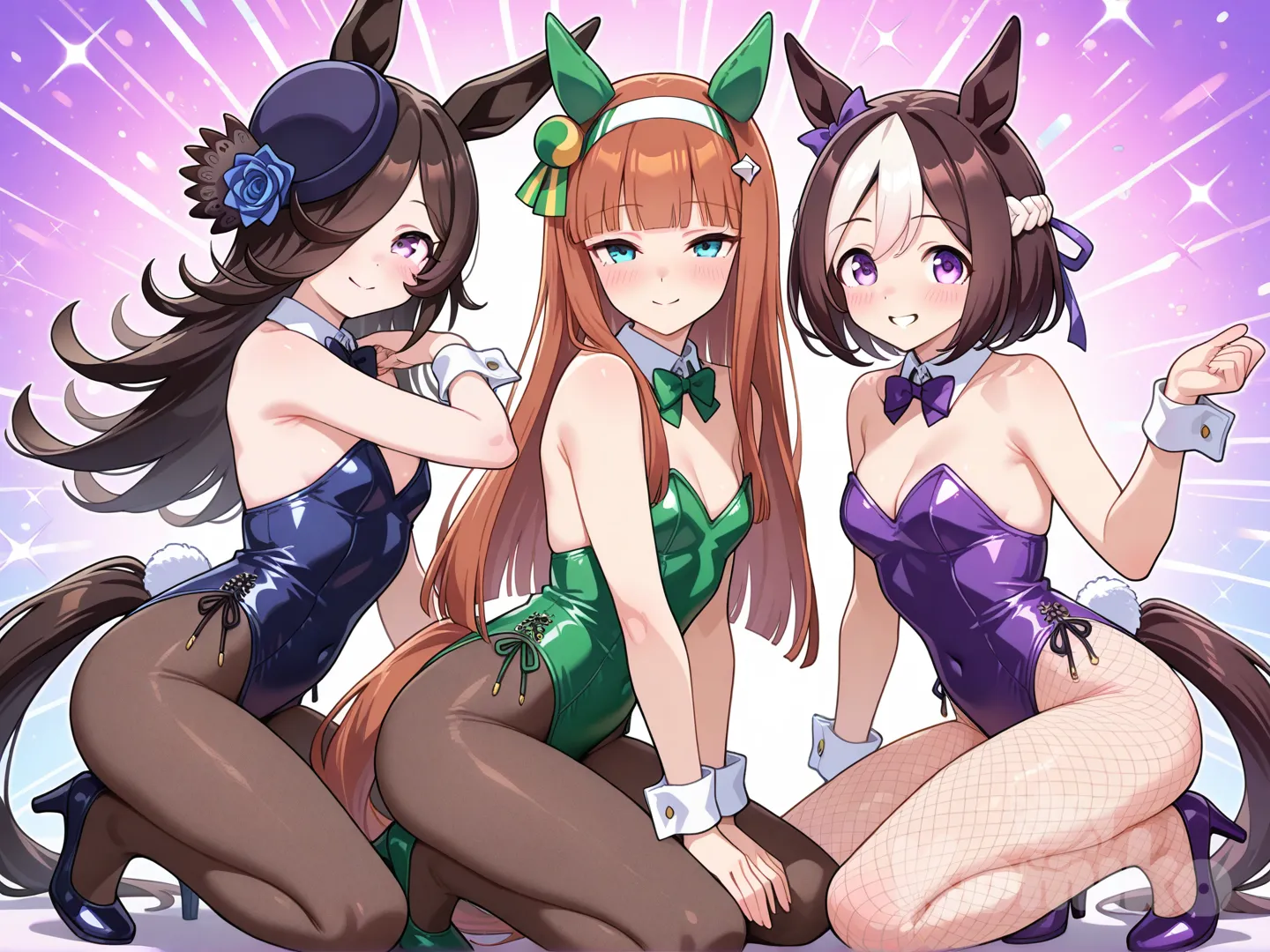 @Special_Week_(Umamusume), @Silence_Suzuka_(Umamusume), @Rice_Shower_(Umamusume) en treje de conejita sexy posando
