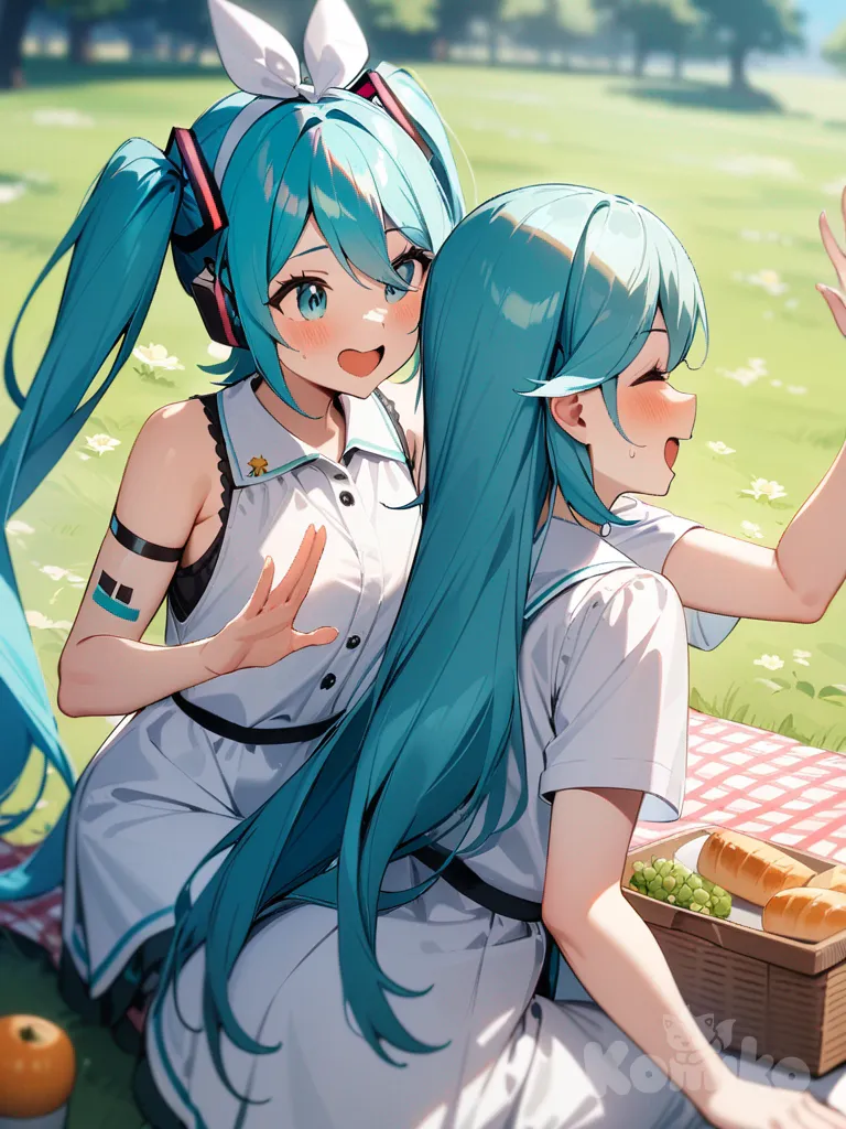 2girls, Hatsune Miku, Kagamine Rin, picnic, high five