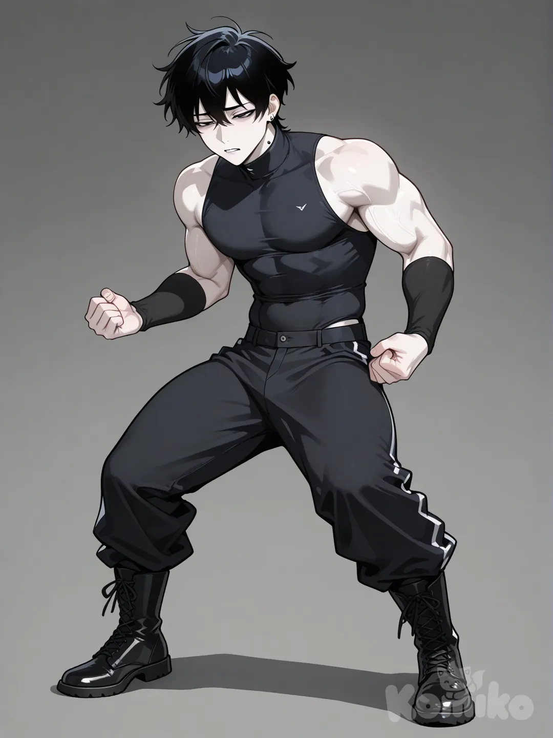 Un tipo, con piel blanca, cabello negro, con cuerpo delgado pero un poco atlético. Vistiendo un top negro ajustado , sin mangas y con cuello largo. Unos calentadores de brazos bastante largos de color negro. Lleva un pantalón largo negro oscuro, con unas botas negras. Tipo anime. Que tenga un dardo tranquilizante en su cuello, y tenga cara como si fuese a desmayarse o esté adormecido.