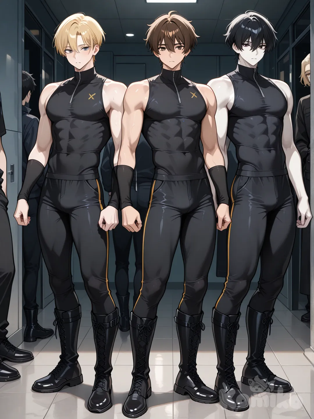 Tres tipos, con piel blanca, cabello negro, castaño, y rubio, con cuerpos delgados pero un poco atléticos. Todos Vistiendo un top negro ajustado , sin mangas y con cuello largo. Unos calentadores de brazos bastante largos de color negro. Lleva un pantalón largo negro oscuro, con unas botas negras. Tipo Anime.