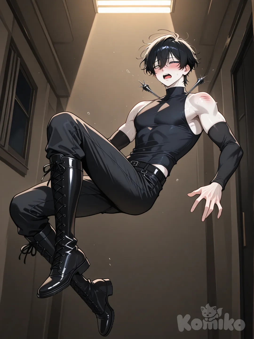 Un tipo, con piel blanca, cabello negro, con cuerpo delgado pero un poco atlético. Vistiendo un top negro ajustado , sin mangas y con cuello largo. Unos calentadores de brazos bastante largos de color negro. Lleva un pantalón largo negro oscuro, con unas botas negras. Tipo anime. Que tenga un dardo tranquilizante en su cuello (qué sea visible), y tenga cara como si fuese a desmayarse o esté adormecido. (Que esté cayendo inconsciente)