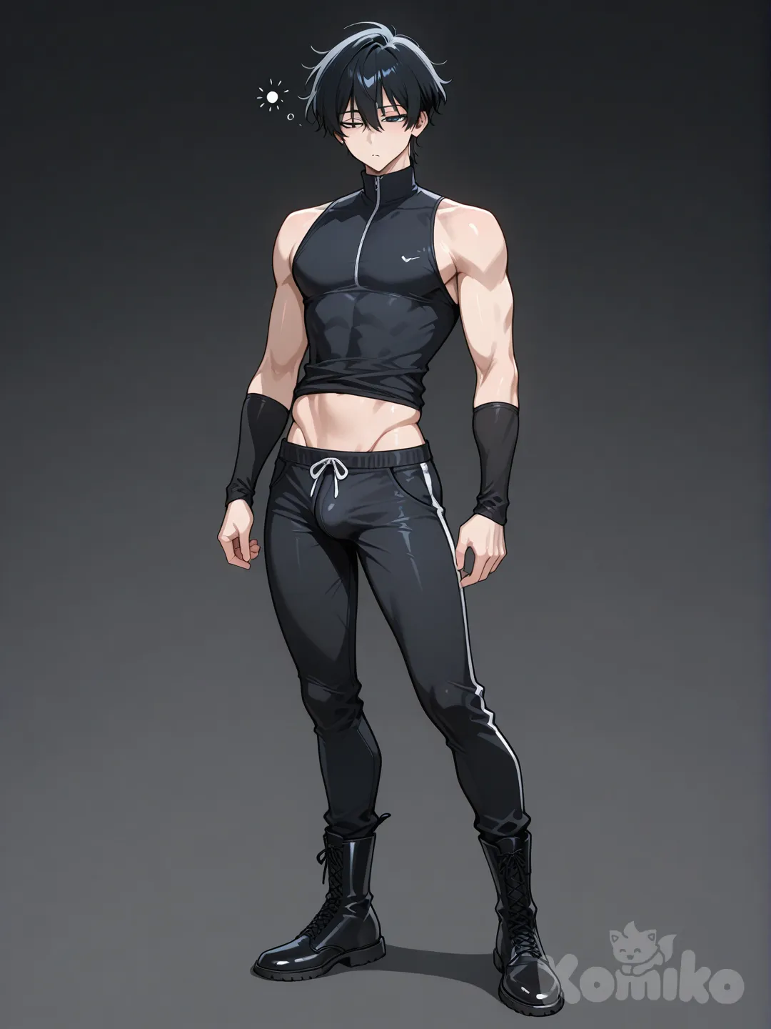 Un tipo, con piel blanca, cabello negro, con cuerpo delgado pero un poco atlético. Vistiendo un top negro ajustado , sin mangas y con cuello largo. Unos calentadores de brazos bastante largos de color negro. Lleva un pantalón largo negro oscuro, con unas botas negras. Tipo anime. Que tenga un dardo tranquilizante en su entrepierna, y tenga cara como si fuese a desmayarse o esté adormecido.