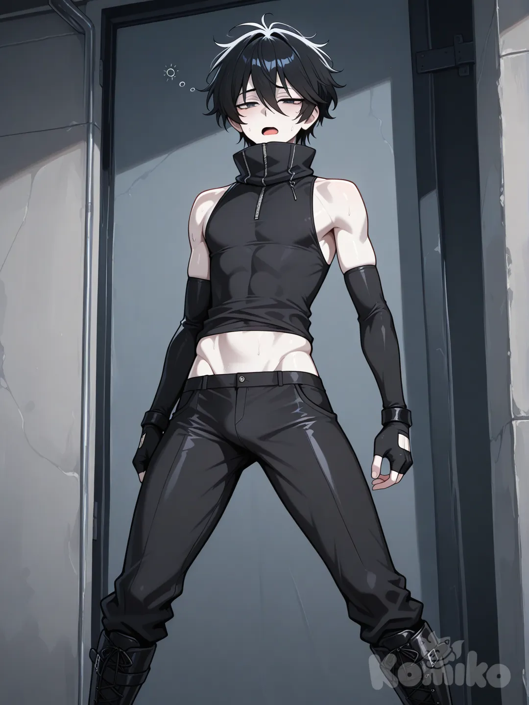 Un tipo, con piel blanca, cabello negro, con cuerpo delgado pero un poco atlético. Vistiendo un top negro ajustado , sin mangas y con cuello largo. Unos calentadores de brazos bastante largos de color negro. Lleva un pantalón largo negro oscuro, con unas botas negras. Tipo anime. Que tenga un dardo tranquilizante en su entrepierna, y tenga cara como si fuese a desmayarse o esté adormecido.