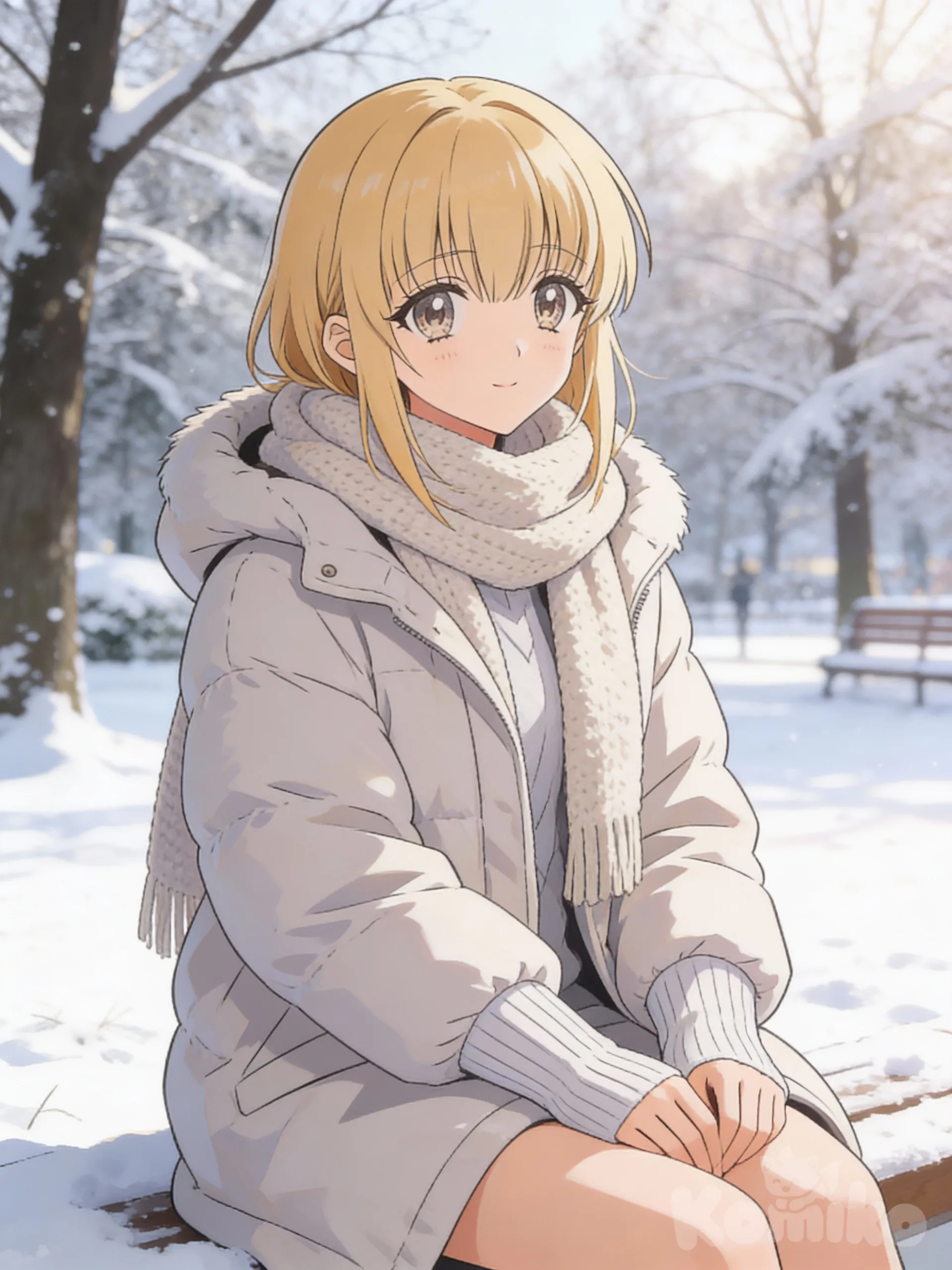 Girl sitting in the park on a winter afternoon 