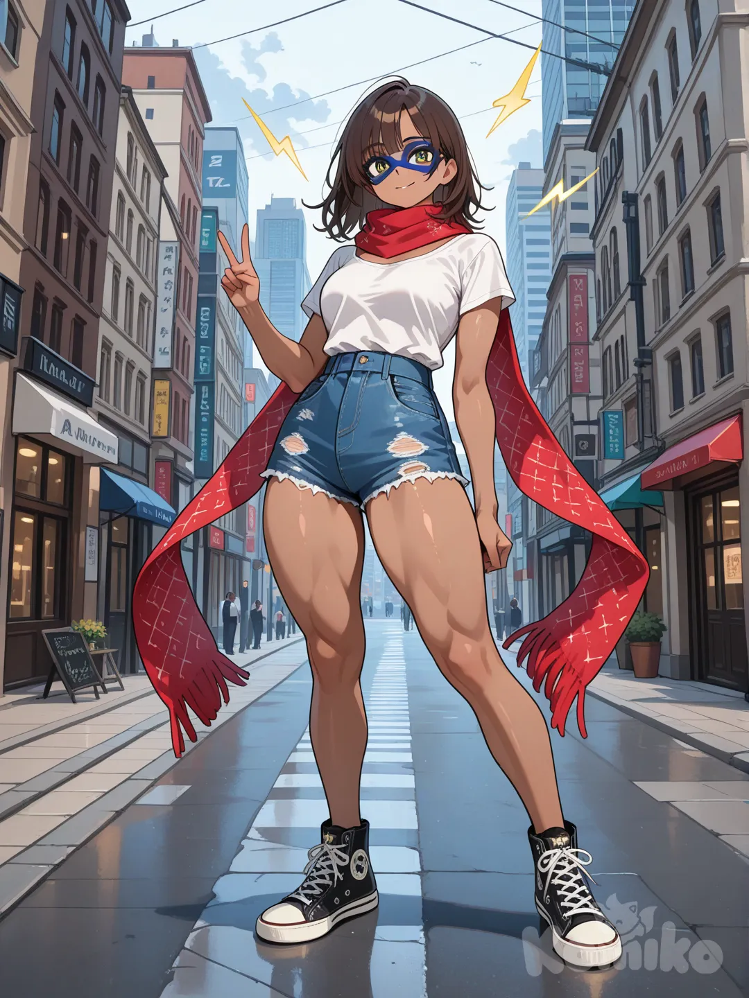 Mujer pelo media melena con flequillo bajo color marrón, color de piel marrón, bufanda roja muy larga , blusa blanca con un rayo amarillo , senos medianos, short de mezclilla corto , tenis converse negros , v sign, cuerpo completo , mascara de dominó azul, cuerpo atlético,piernas abiertas ,calle de new york.