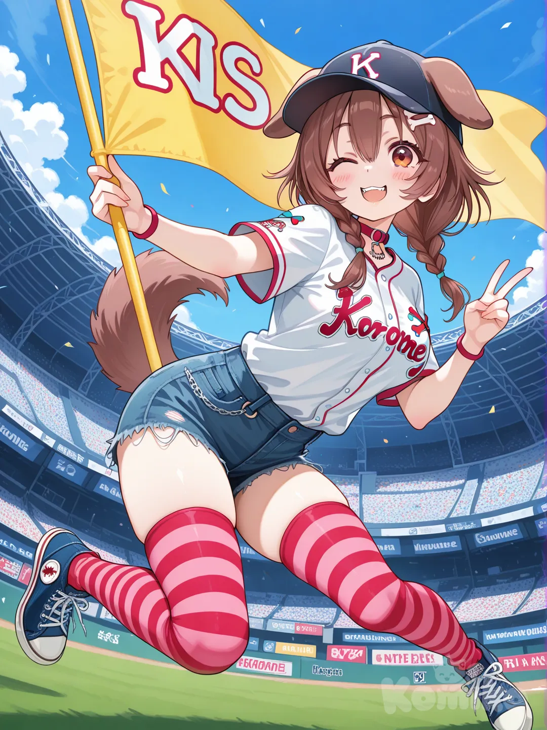 inugami korone, v sign ,guiño de ojo, gorra de béisbol , jersey de béisbol, short de mezclilla , medias hasta el muslo de rayas , converse azules. Sosteniendo un asta con bandera, estadio de béisbol.