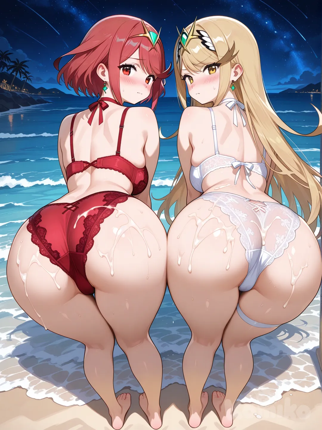 2 mujeres, pyra (xenoblade) en lenceria rojo. Mythra (xenoblade) en lencería blanco. Cuerpo completo, de noche en la playa. Rostros ruborizados. mostrando sus culos,semen en sus nalgas, volteando a ver a la camara.