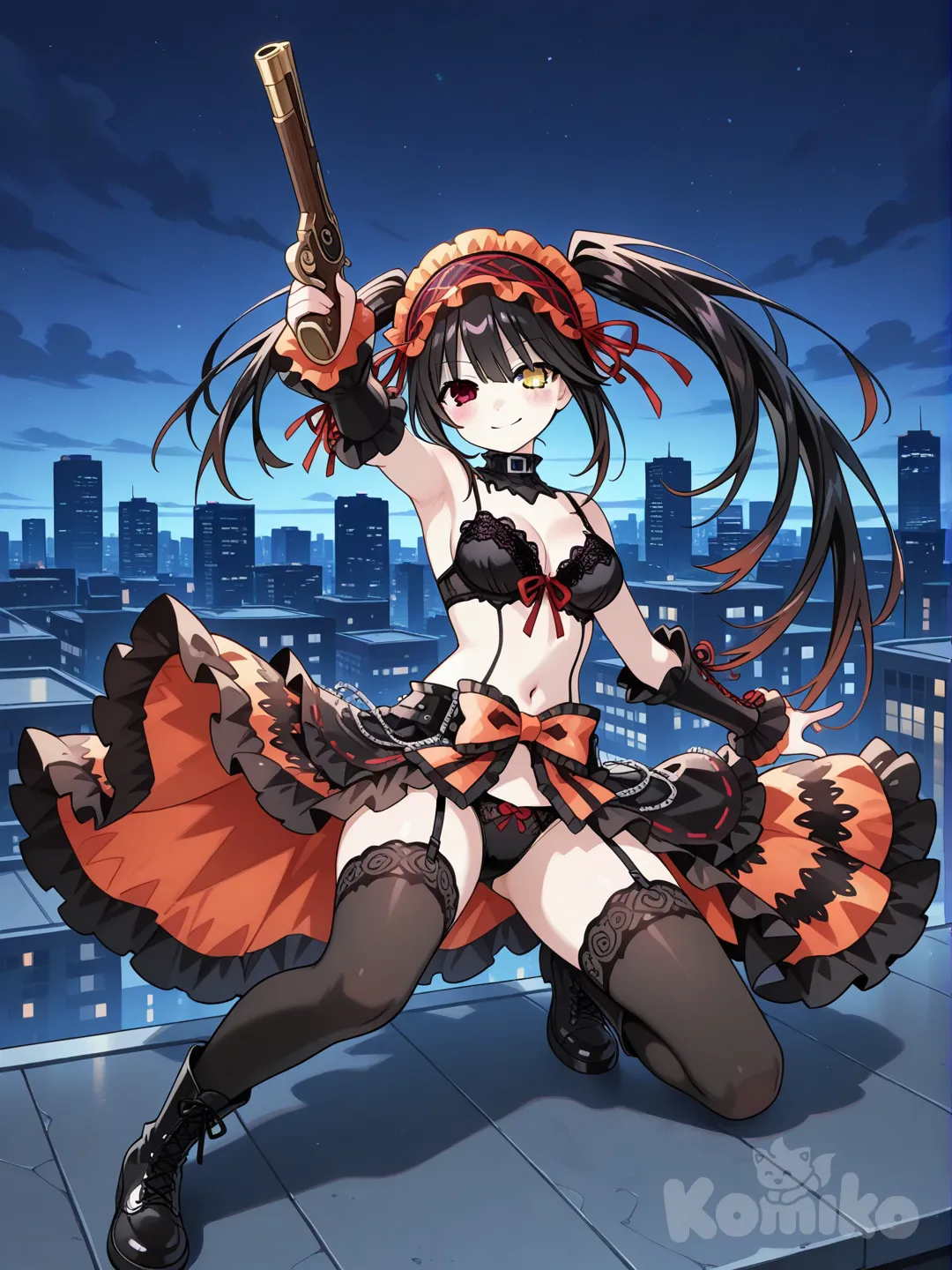 date a live, tokisaki kurumi, en ropa interior negra , medias negras, sonriendo, en un rascacielos, cuerpo completo, apuntando con arma.