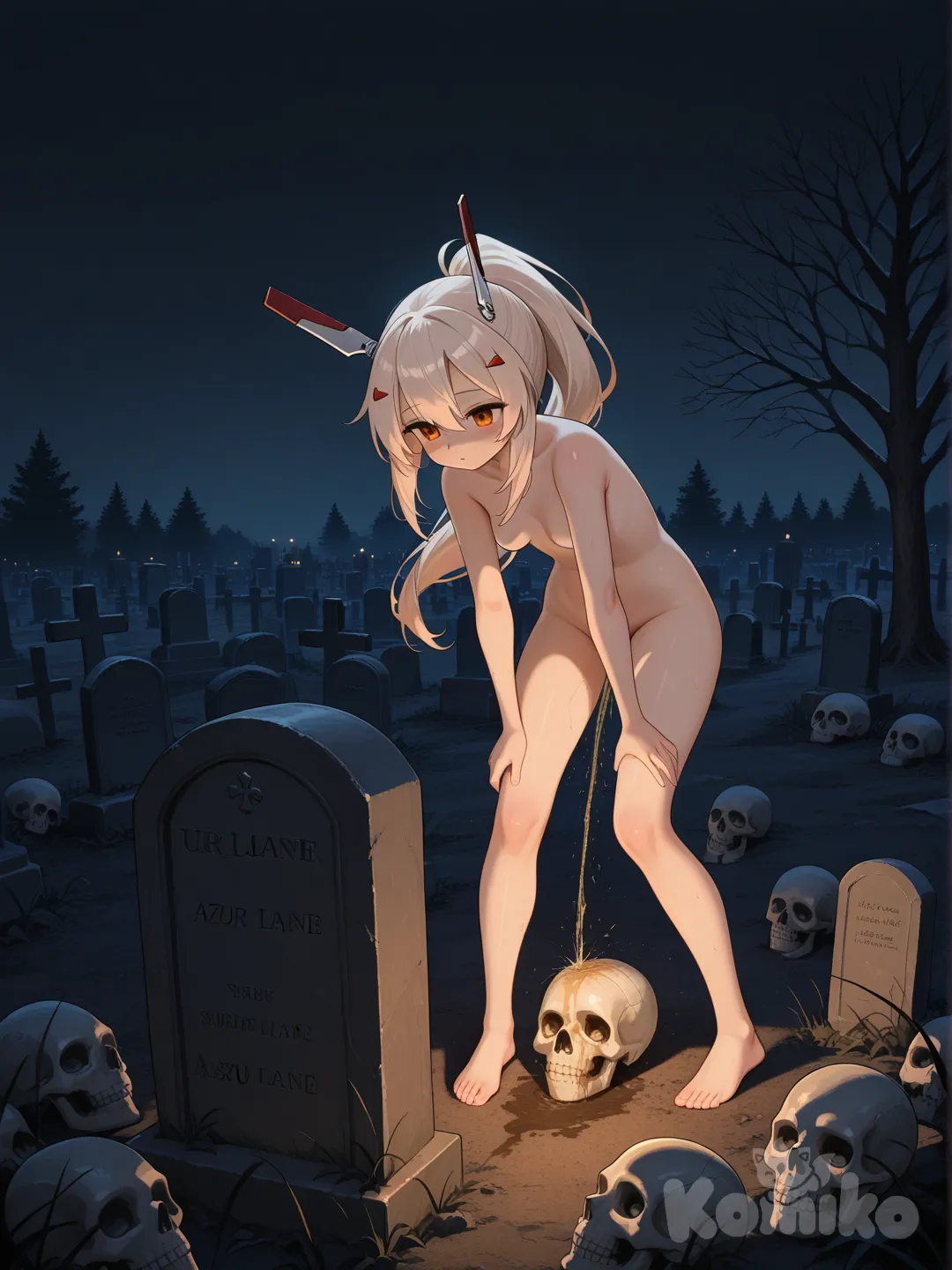 @Ayanami_(Azur_Lane), desnuda , orinando un cráneo, en un panteón, cuerpo completo, de noche .