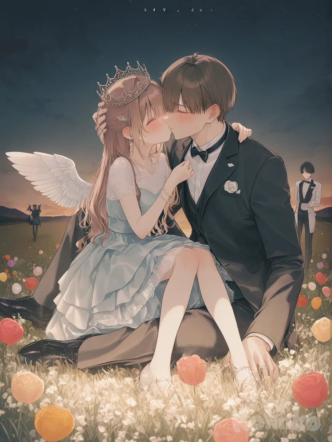 1boy and 1girl, 2people, [soft-pastel-style], kissing, sitting on lap, blush, smile, evening dress, tuxedo, ruffles, lace, hairpin, crown, angle wings, necklace, earrings, jewelry, pearls, diamonds, bracelet, full body, twilight (in a open field with balloons all over)