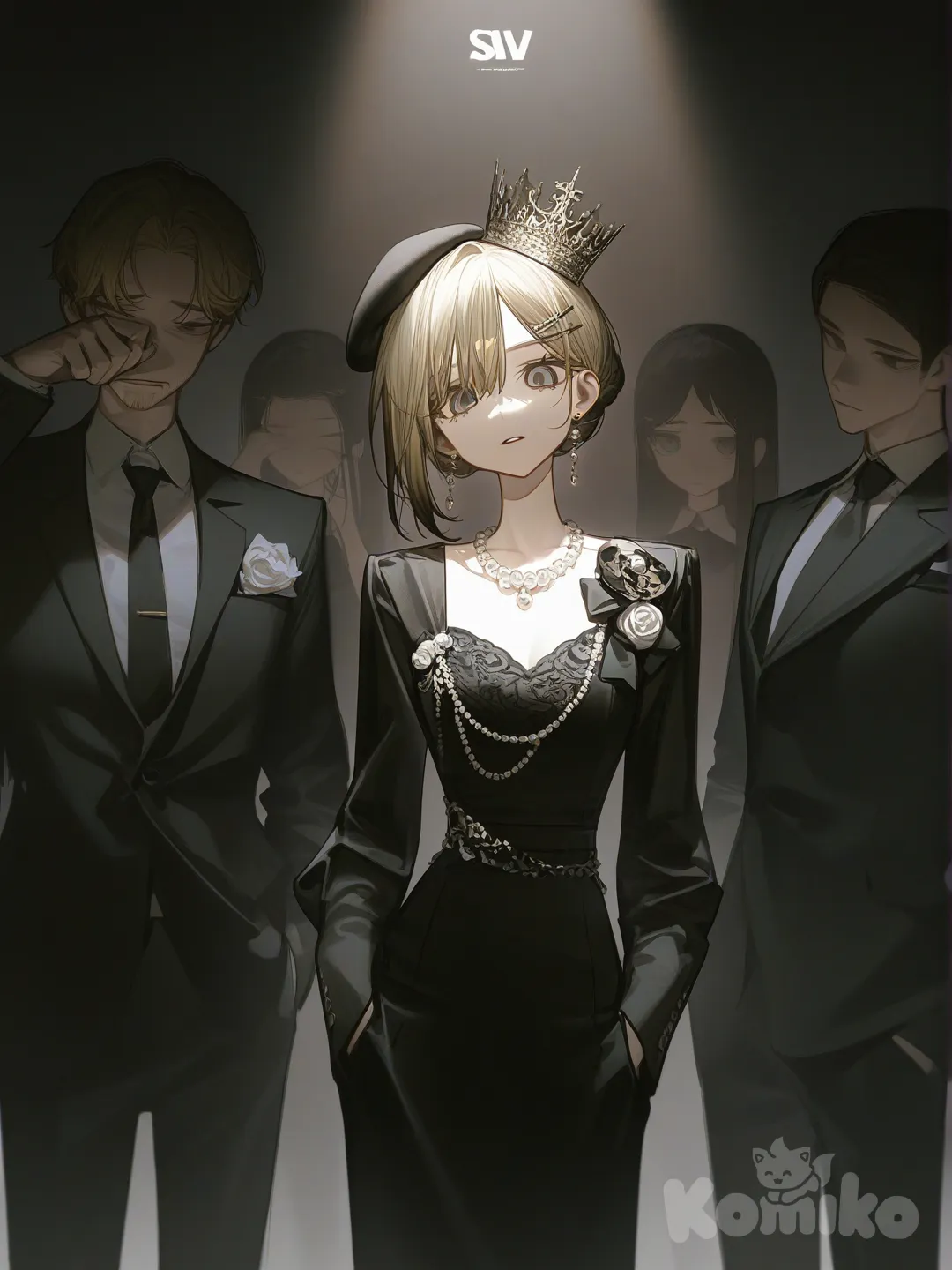 3people, [high-contrast-glossy-style], head tilt, wiping tears, hands in pockets, suit, evening dress, lace, hair accessory, hairpin, corsage, crown, tie, bow, earrings, necklace, beret, jewelry, pearls, diamonds, blonde hair, charcoal black (two boys one girl (older than her) girl also wearing crown)