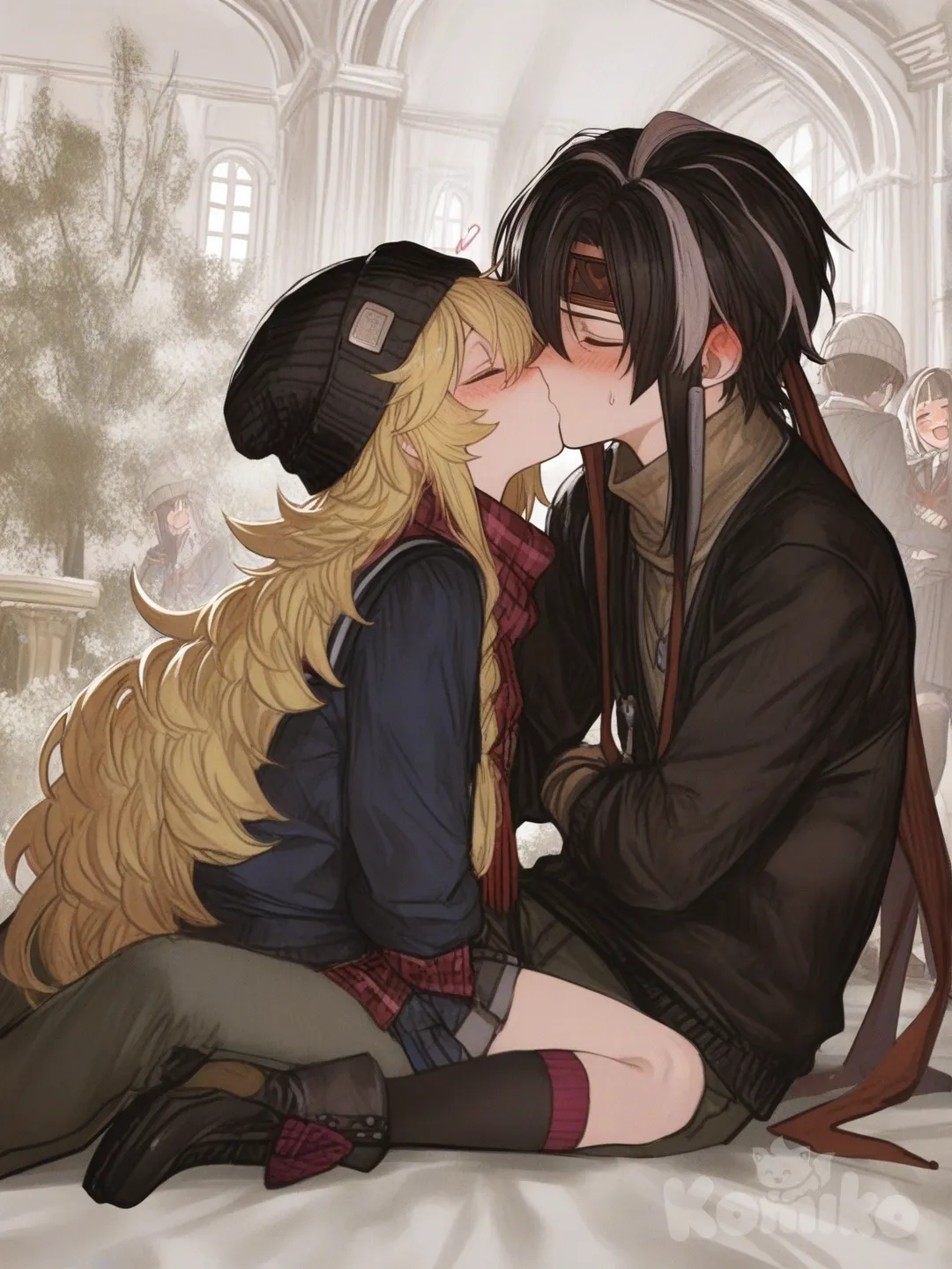 1boy and 1girl, 2people,girl sitting on boy lap, kissing, blush, boy moving the girls hair, school uniform, tassels, headband, beanie, jewelry, girl has very very long hair (pink), boy has shabby cut hair and yellow platinum color, full body, giant mansion room (forest style), [semi-realistic-portrait-style]