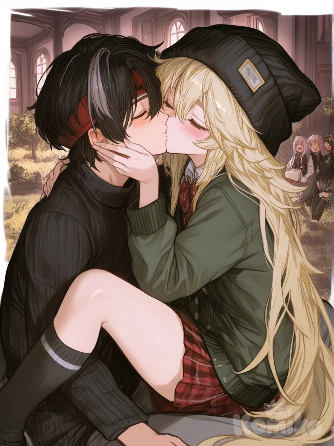 1boy and 1girl, 2people,girl sitting on boy lap, kissing, blush, boy moving the girls hair, school uniform, tassels, headband, beanie, jewelry, girl has very very long hair (pink), boy has shabby cut hair and yellow platinum color, full body, giant mansion room (forest style), both peoples eyes closed, [semi-realistic-portrait-style]