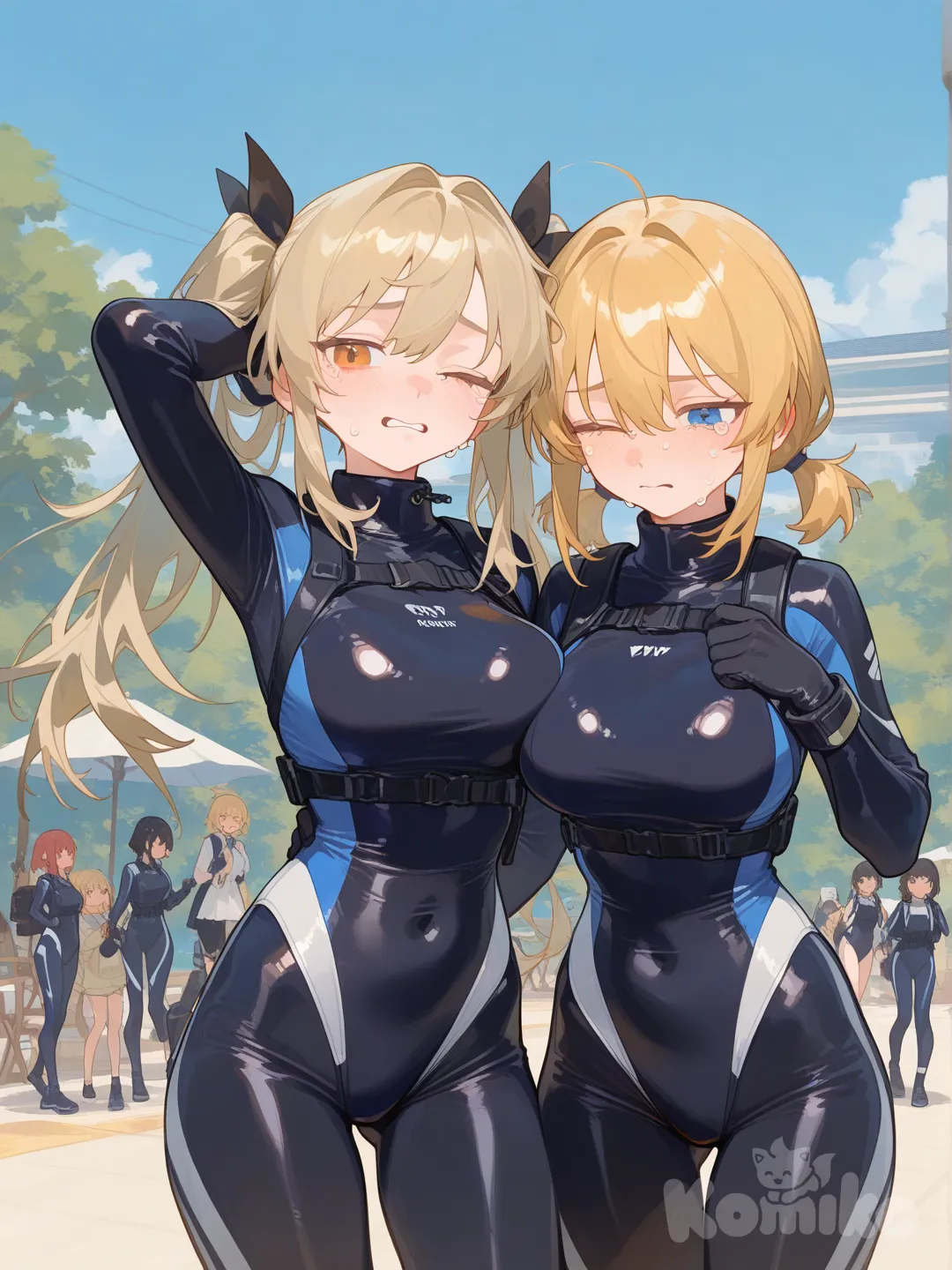 3people, [soft-shading-style], lie on stomache, one eye closed, crying, diving suit, sherpa, girl one has a diamond covered diving suit, girl two has a goth black diving suit, girl three has a pearl covered diving suit, all girls are extremely photogenic and athletic, blonde hair, twin tails