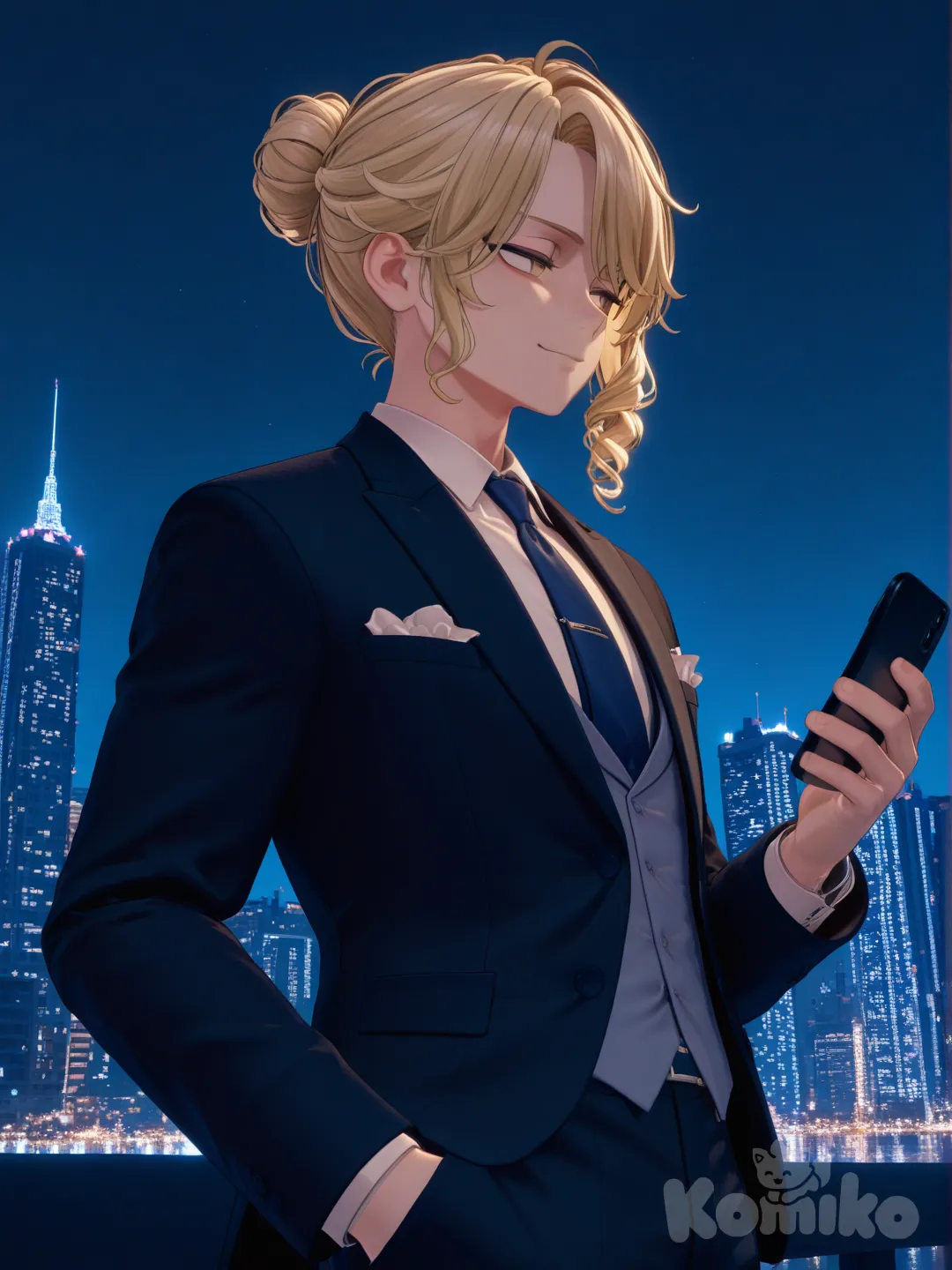 1boy, [3d-model-style], hands in pockets, looking at phone, expressionless, smirk, tuxedo, tie, blonde hair, man bun, spiral curls, navy blue, looking away, city lights, skyscraper