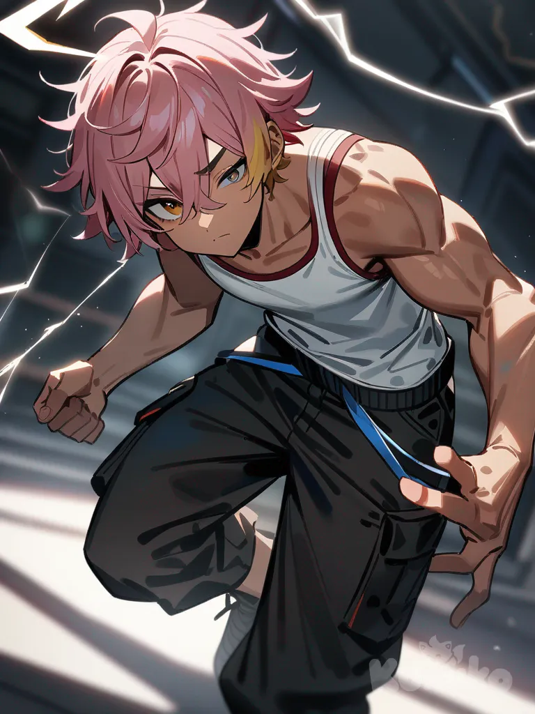1boy, pink hair, yellow hair tips,messy hair, two bangs in between eyes, light tan muscle body ripped, 5 ft and 8 in tall, Left eye blue, right eye gold, using a white lightning bolt, in a red black trim Long jacket, black cargo pants and a white tank top, teenager