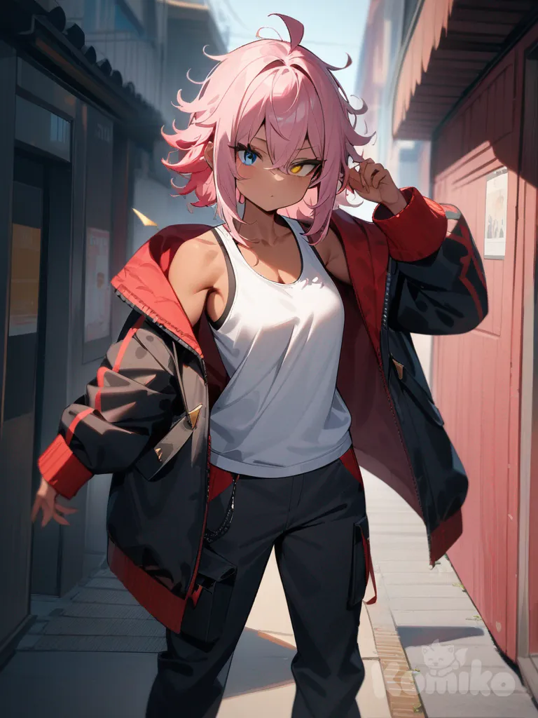1girl, pink hair, yellow hair tips,messy hair, two bangs in between eyes, light tan muscle body ripped, 5 ft and 8 in tall, Left eye blue, right eye gold, using a white lightning bolt, in a red black trim Long jacket, black cargo pants and a white tank top, teenager