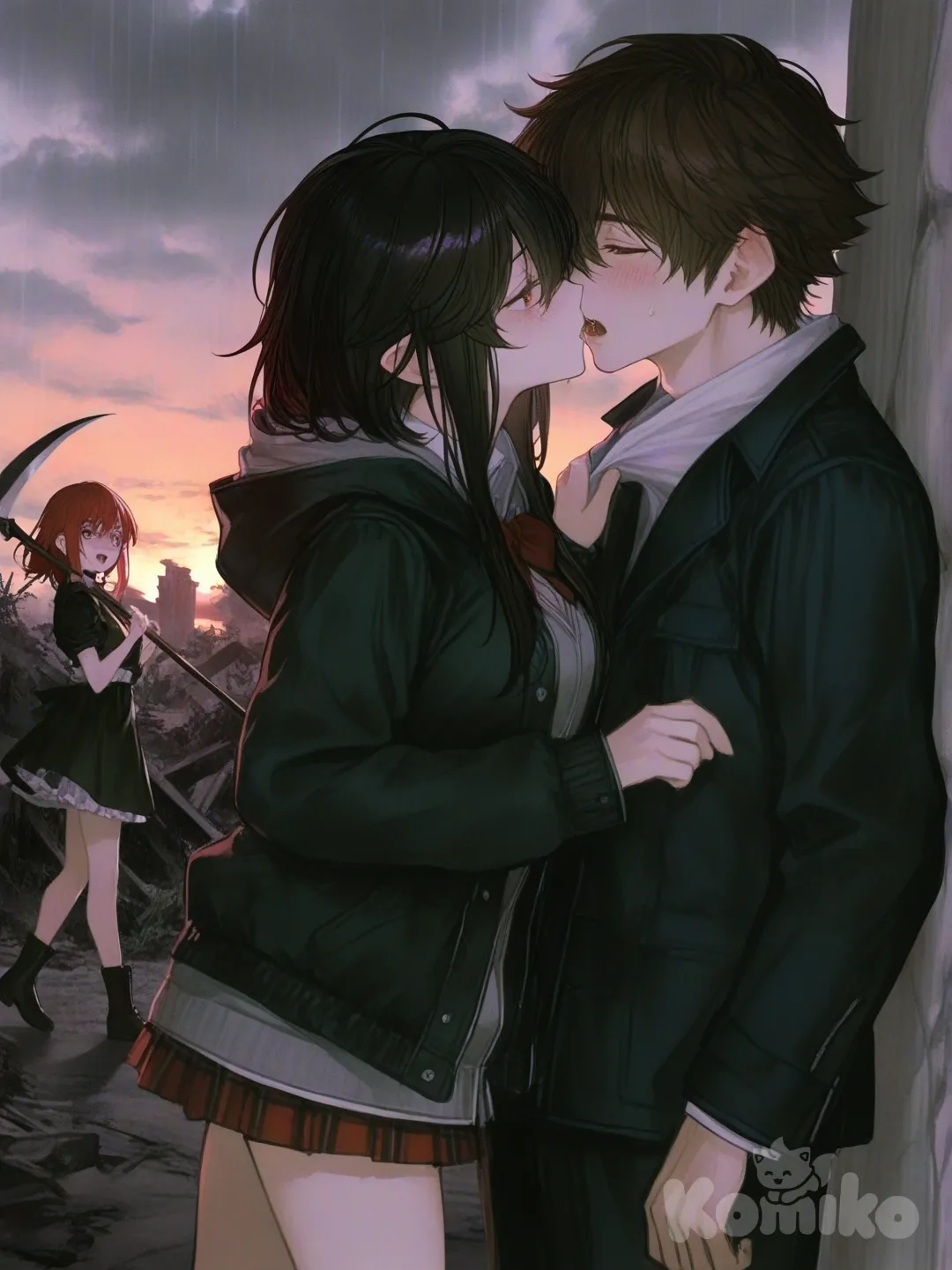 1 boy and 2 girls, [semi-realistic-portrait-style]. holding scythe, 2 girls wearing mini skirts with long elegant tops, 1 boy with vampire teeth (their master) holding both the girls and kissing them, blush, sle, twilight, rainy, ruins