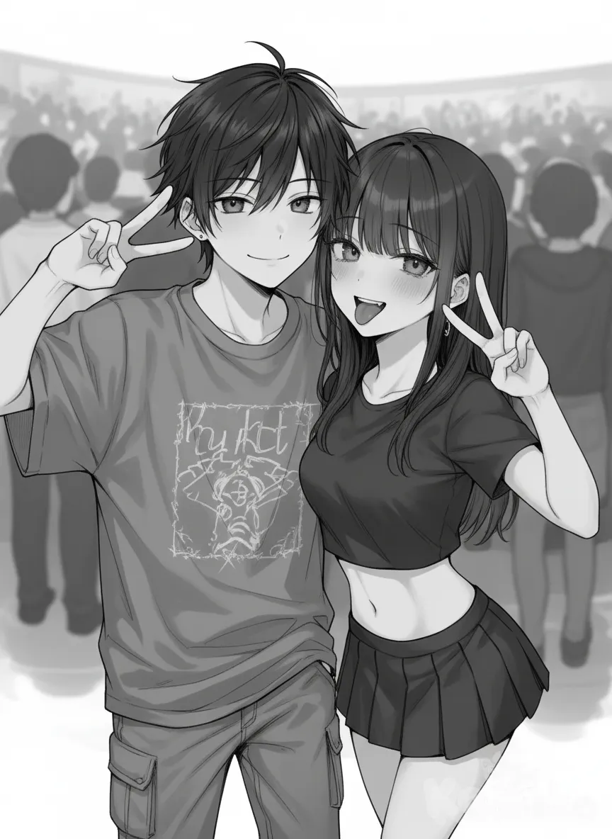 1boy and 1girl, 2people, v sign, head tilt, face pinching, sticking tongue out, baggy clothes for boy, crop top and mini skirt for girl