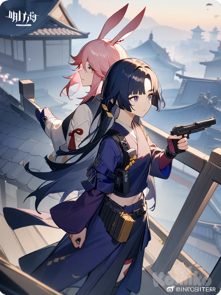 2girls, Yae Sakura, Saga (Arknights), Genshin Impact, holding gun, back to back, open mouth, expressionless, crop top shirt, baggy pants, long hair swaying in the wind, both jumping from rooftop