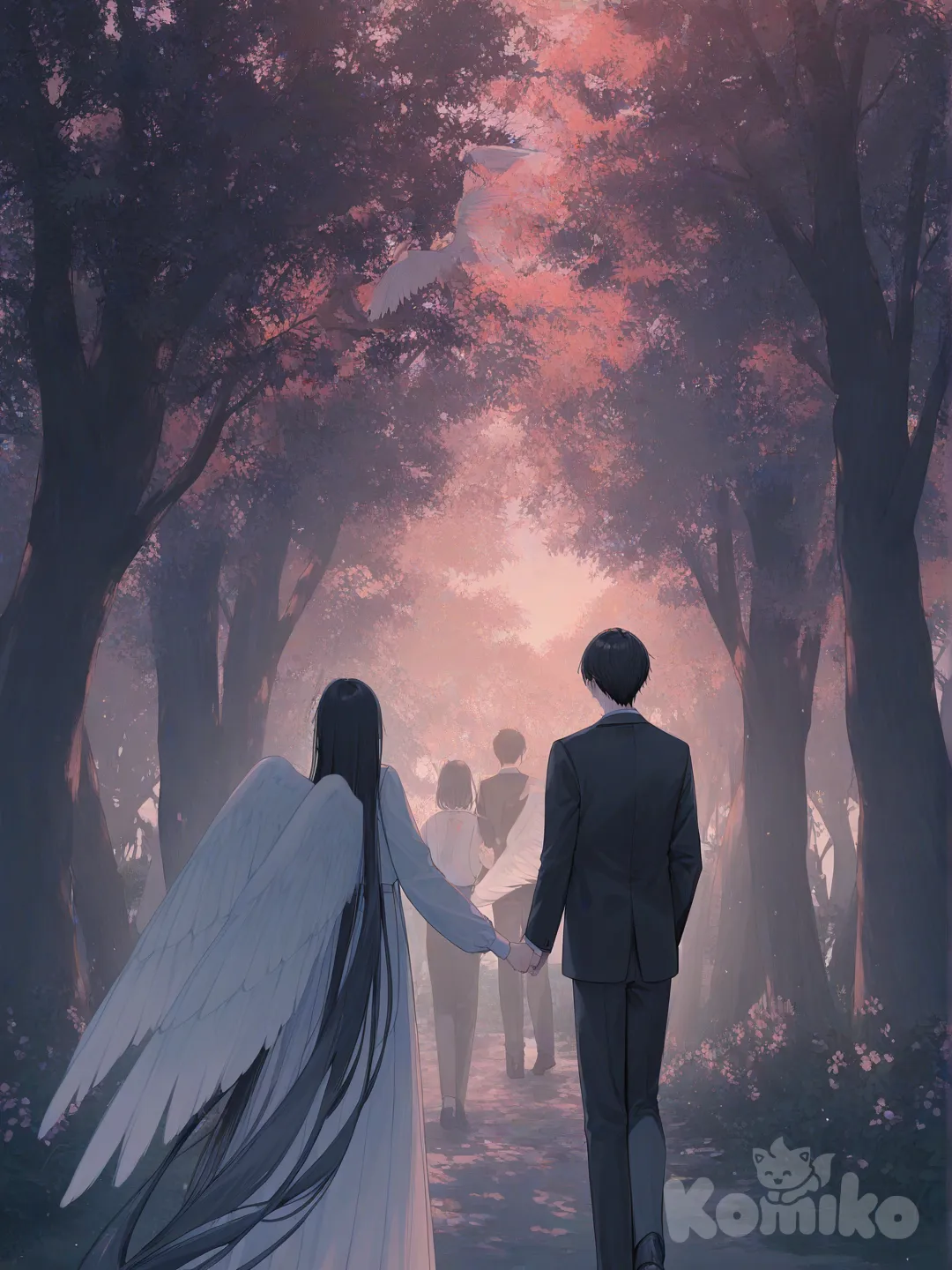 1boy and 1girl, 2people, [soft-pastel-style], singing, holding hands, fairies with super big wings, absurdly long hair for the girl, black hair for the boy, long formal outfits , medium long shot, forest, twilight