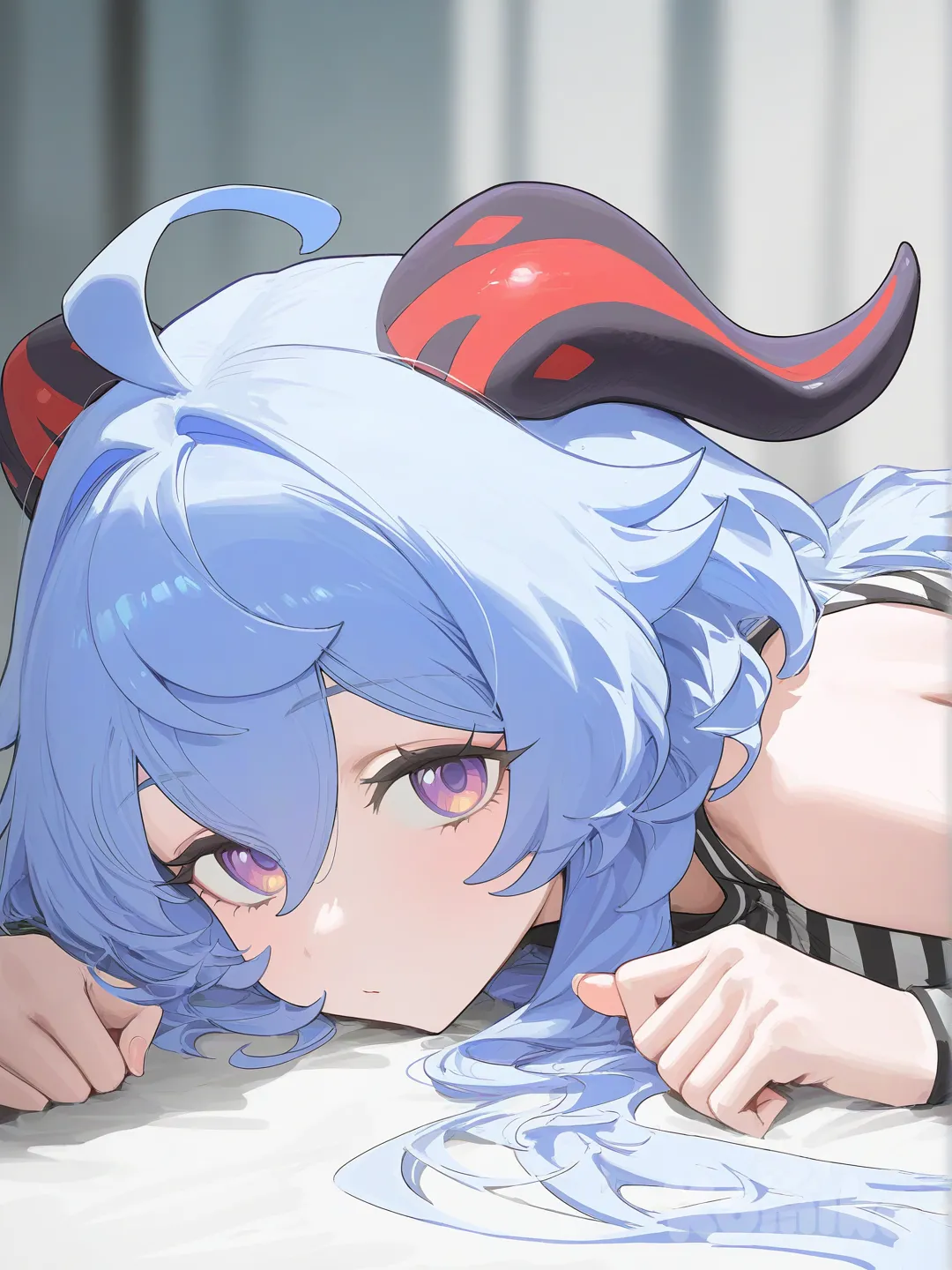 @Ganyu_(Genshin_Impact), [vibrant-anime-style], sitting on the ground, lie on stomache, headshot, striped shirt