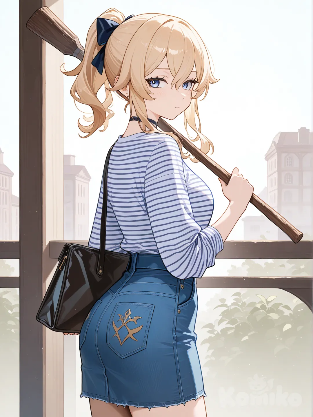 free!, @Jean_(Genshin_Impact), looking back, striped shirt, denim skirt, looking away