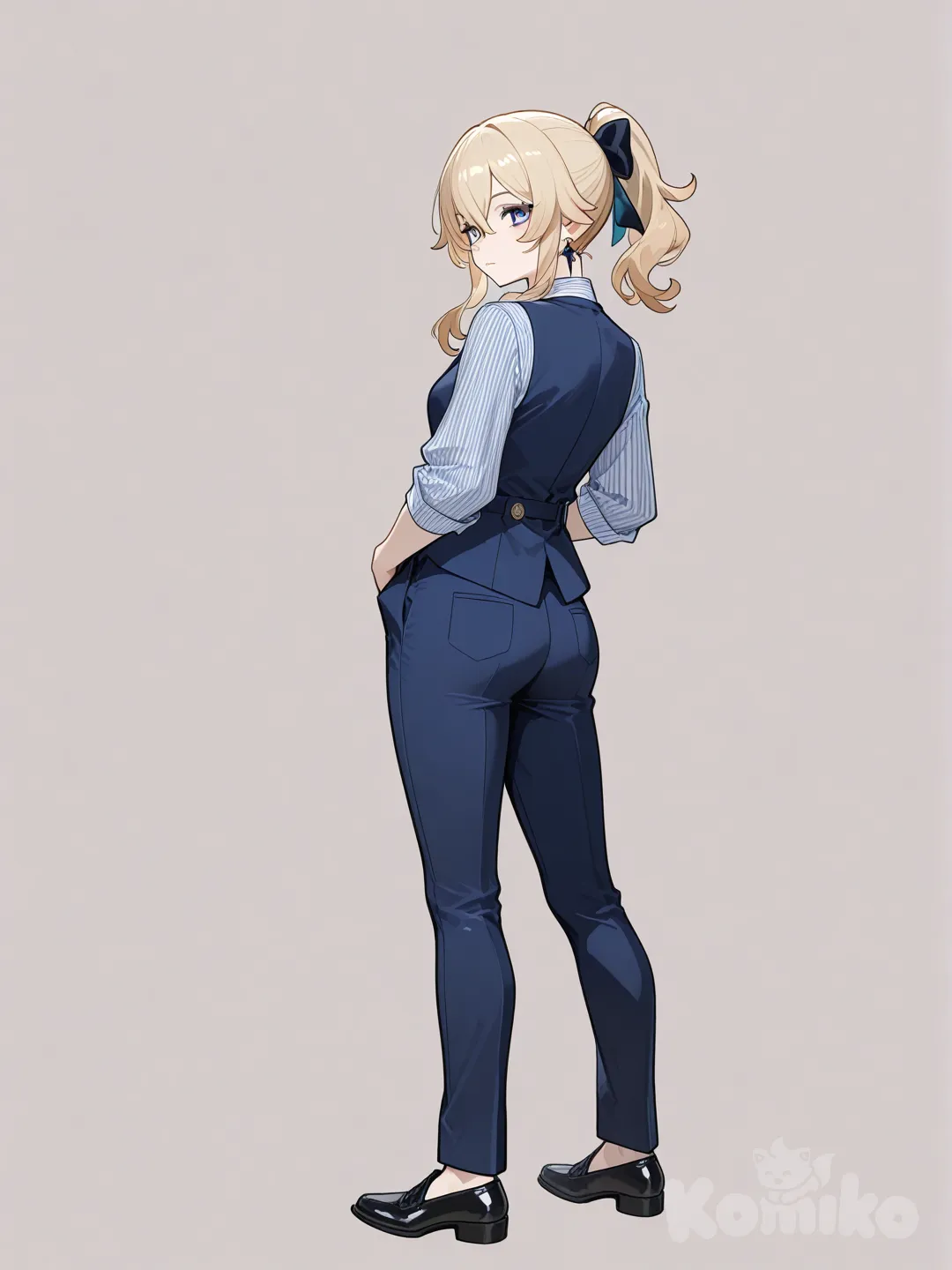 @Jean_(Genshin_Impact), looking back, striped shirt, suit pants, wide shot