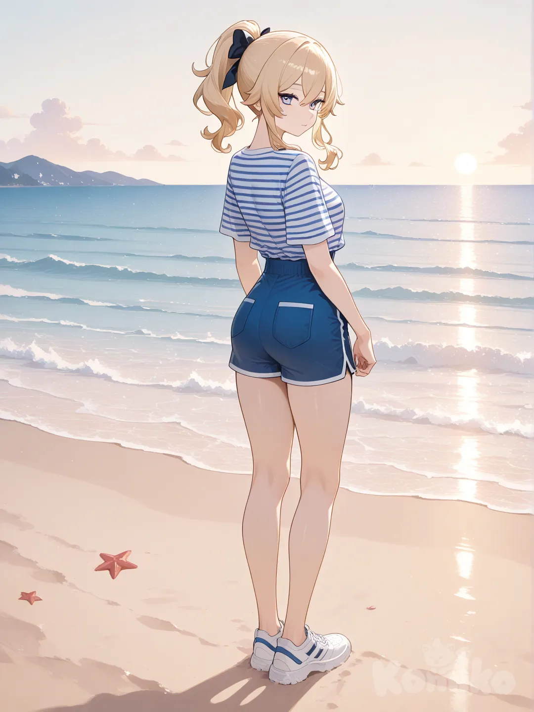 @Jean_(Genshin_Impact), looking back, striped shirt, beach shorts, wide shot