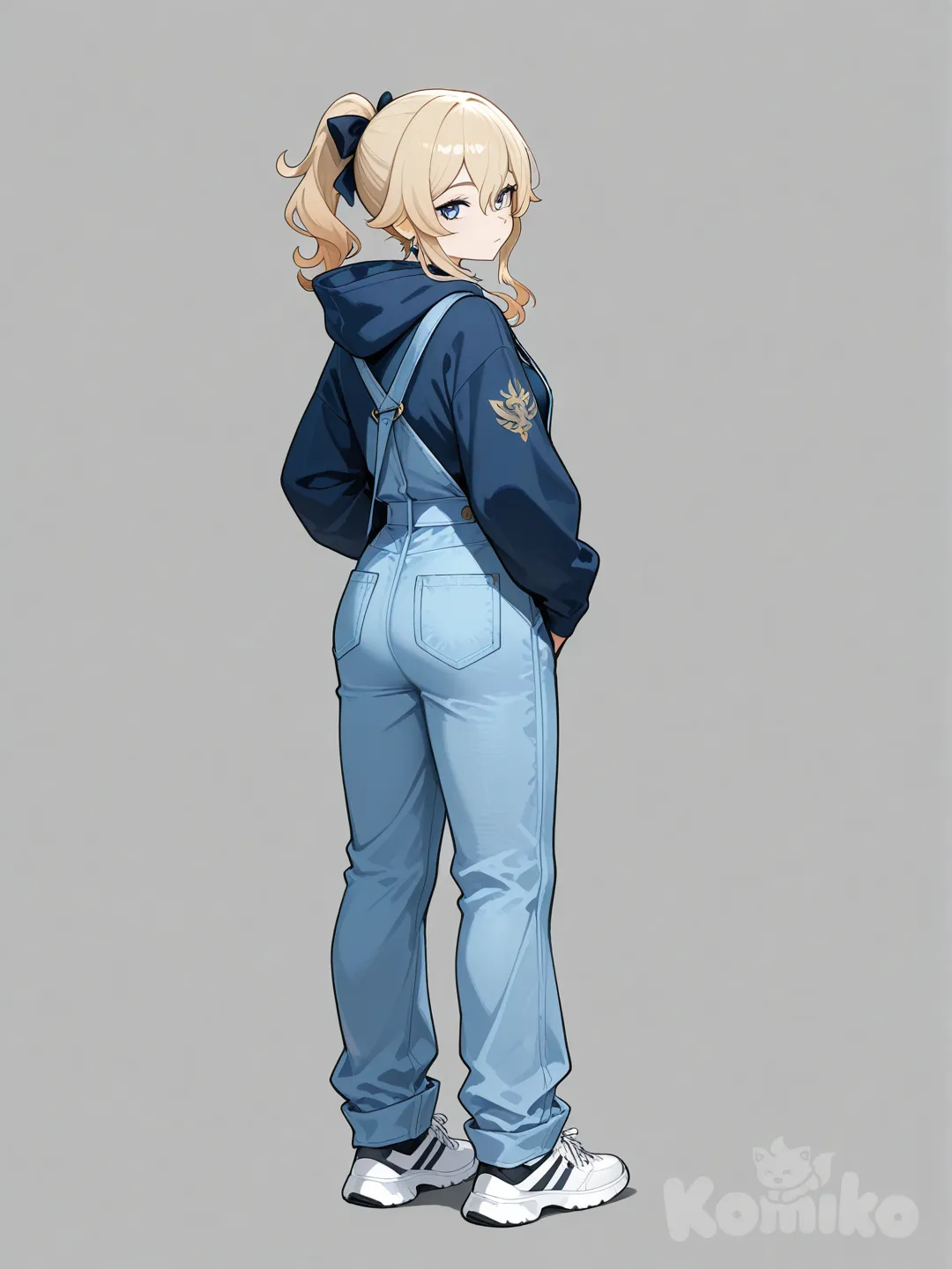 @Jean_(Genshin_Impact), looking back, hoodie, overalls, full body