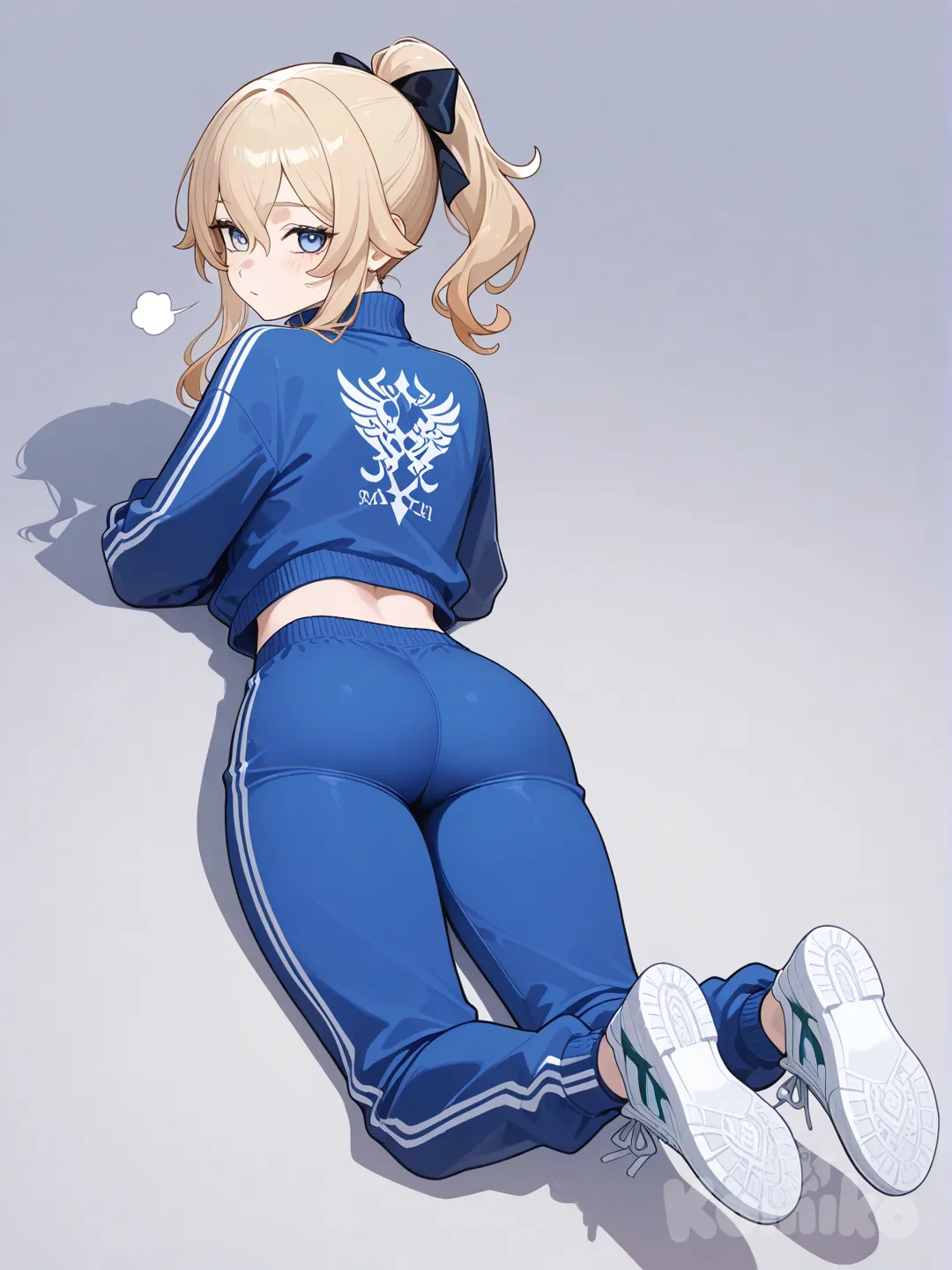 @Jean_(Genshin_Impact), looking back, lie on stomache, tracksuit, full body