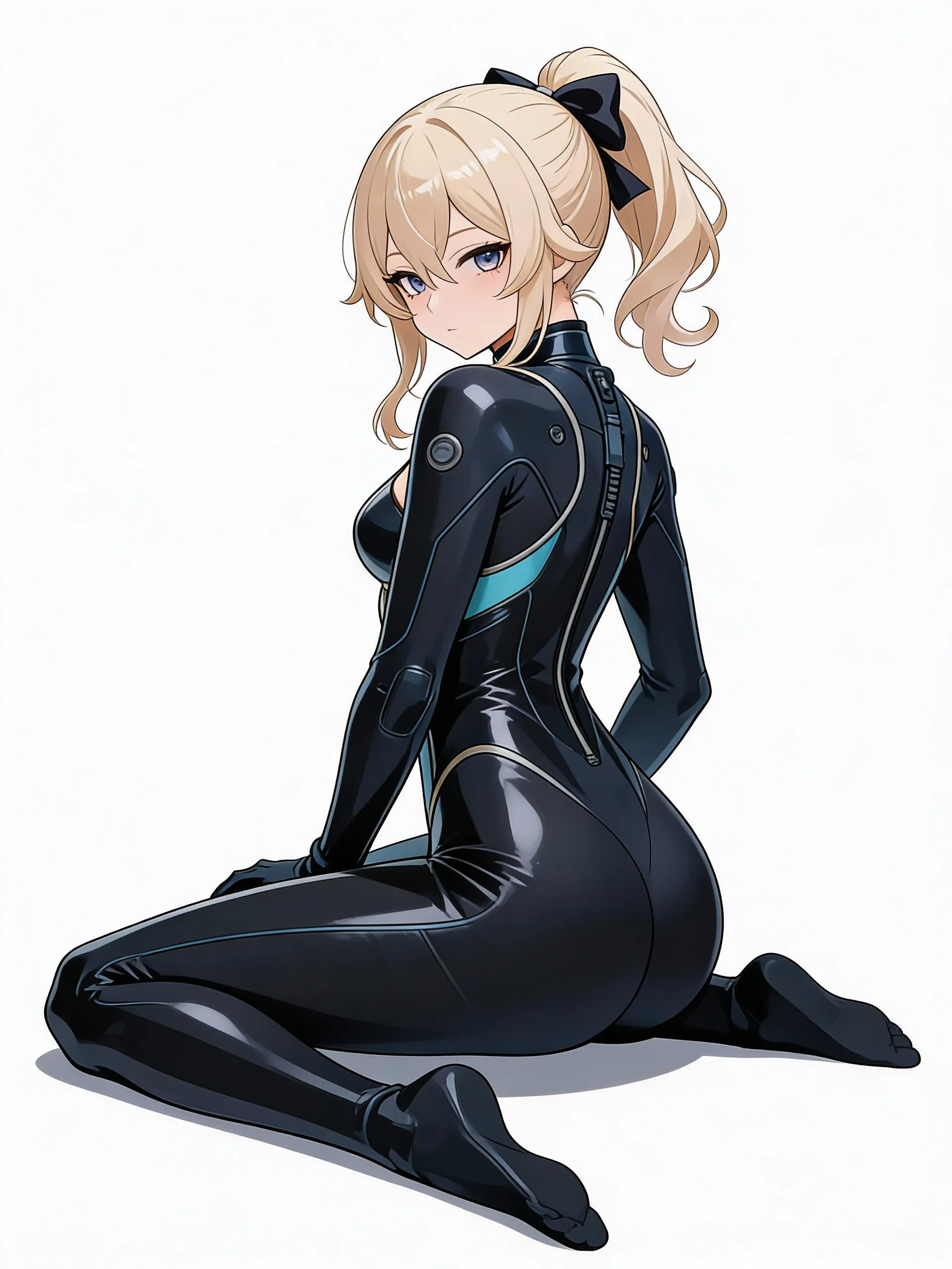 @Jean_(Genshin_Impact), sitting on the ground, looking back, diving suit, full body