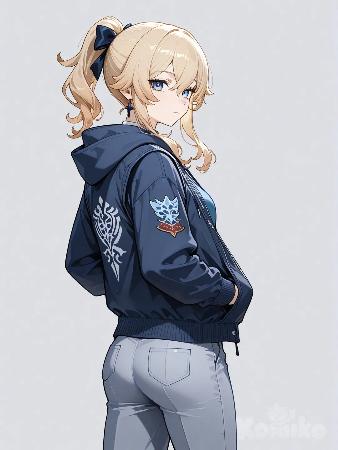 @Jean_(Genshin_Impact), looking back, hands in pockets, vest, hoodie, suit pants