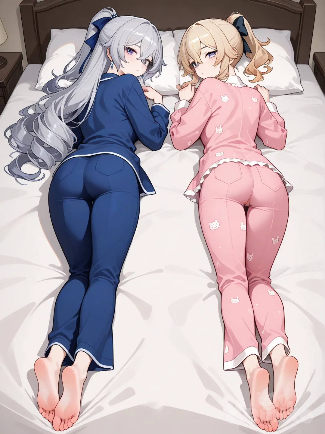2girls, @Jean_(Genshin_Impact), @Bronya_Zaychik_(Silverwing:N-Ex), lie on stomache, looking back, pajamas, full body