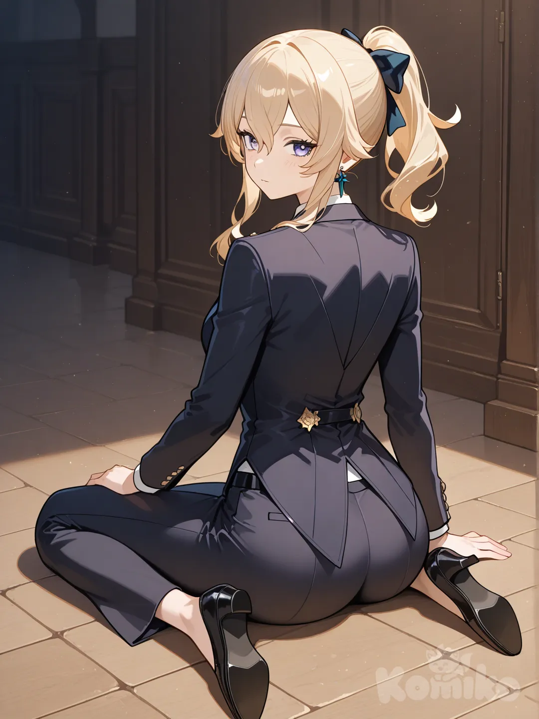 @Jean_(Genshin_Impact), sitting on the ground, looking back, tuxedo, full body