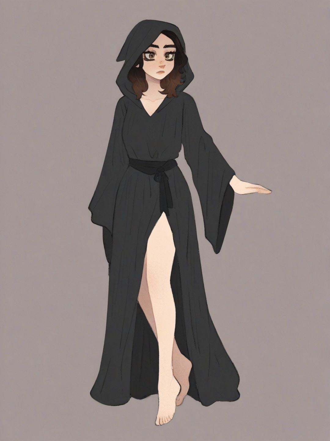[soft-shaded-moe-style] 1girl, solo, short girl, brown eyes, short brown hair, fair skin, black robe, hood, barefoot, floating, single character, full body, looking at viewer, anime style, simple background, white background