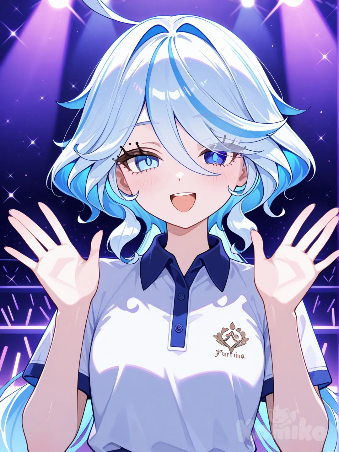 @Furina_(Genshin_Impact), waving, singing, polo shirt, looking at viewer