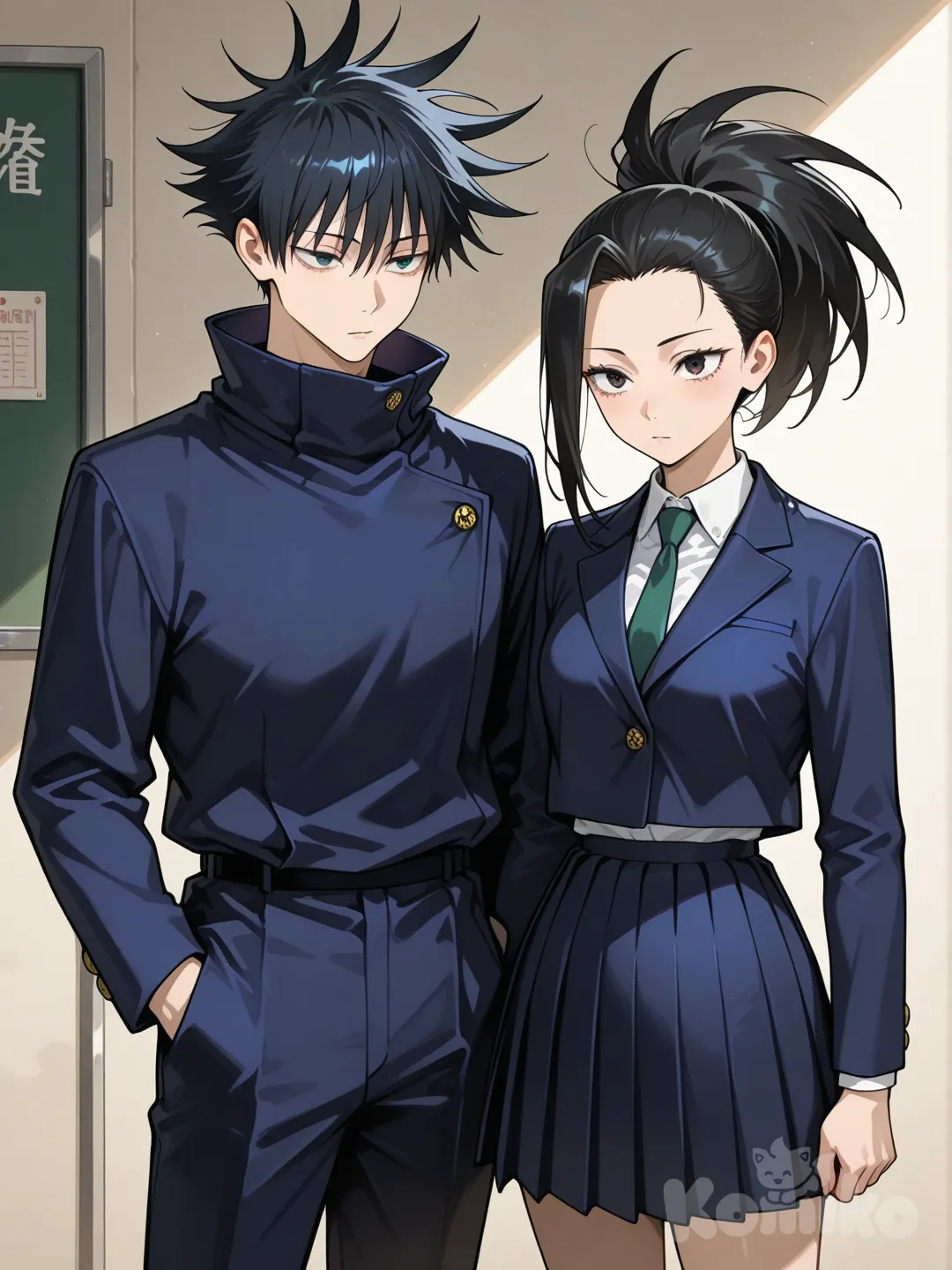 @Yaoyorozu_Momo, con ojos alargados y expresivos, piel clara y luminosa, cabello negro mate recogido en una coleta alta y puntiaguda, y un mechón liso y afilado cayendo sobre su frente del lado derecho, se encuentra en una escena romántica con @Fushiguro_Megumi, un joven delgado de cabello negro con puntas despeinadas y ojos azul oscuro intenso, ambos vistiendo los característicos uniformes de jujutsu kaisen; él, más alto que ella