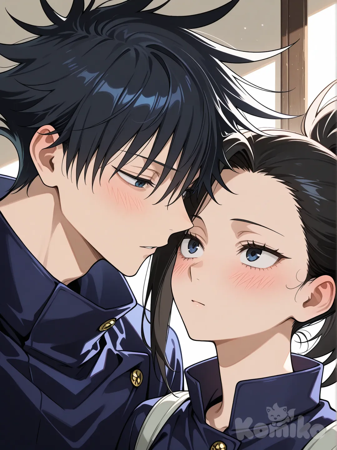 @Yaoyorozu_Momo, con ojos alargados y expresivos, piel clara y luminosa, cabello negro mate recogido en una coleta alta y puntiaguda, y un mechón liso y afilado cayendo sobre su frente del lado derecho, se encuentra en una escena romántica con @Fushiguro_Megumi, un joven delgado de cabello negro con puntas despeinadas y ojos azul oscuro intenso, ambos vistiendo los característicos uniformes de jujutsu kaisen; él, más alto que ella escenas romaticas