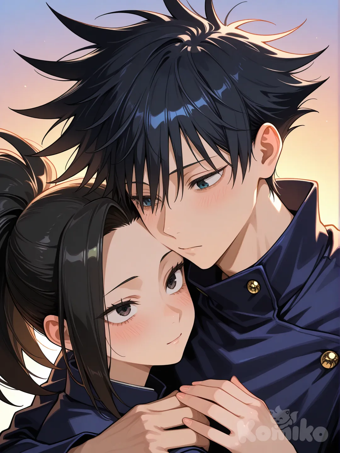 @Yaoyorozu_Momo, con ojos alargados y expresivos, piel clara y luminosa, cabello negro mate recogido en una coleta alta y puntiaguda, y un mechón liso y afilado cayendo sobre su frente del lado derecho, se encuentra en una escena romántica con @Fushiguro_Megumi, un joven delgado de cabello negro con puntas despeinadas y ojos azul oscuro intenso, ambos vistiendo los característicos uniformes de jujutsu kaisen; él, más alto que ella escenas romaticas